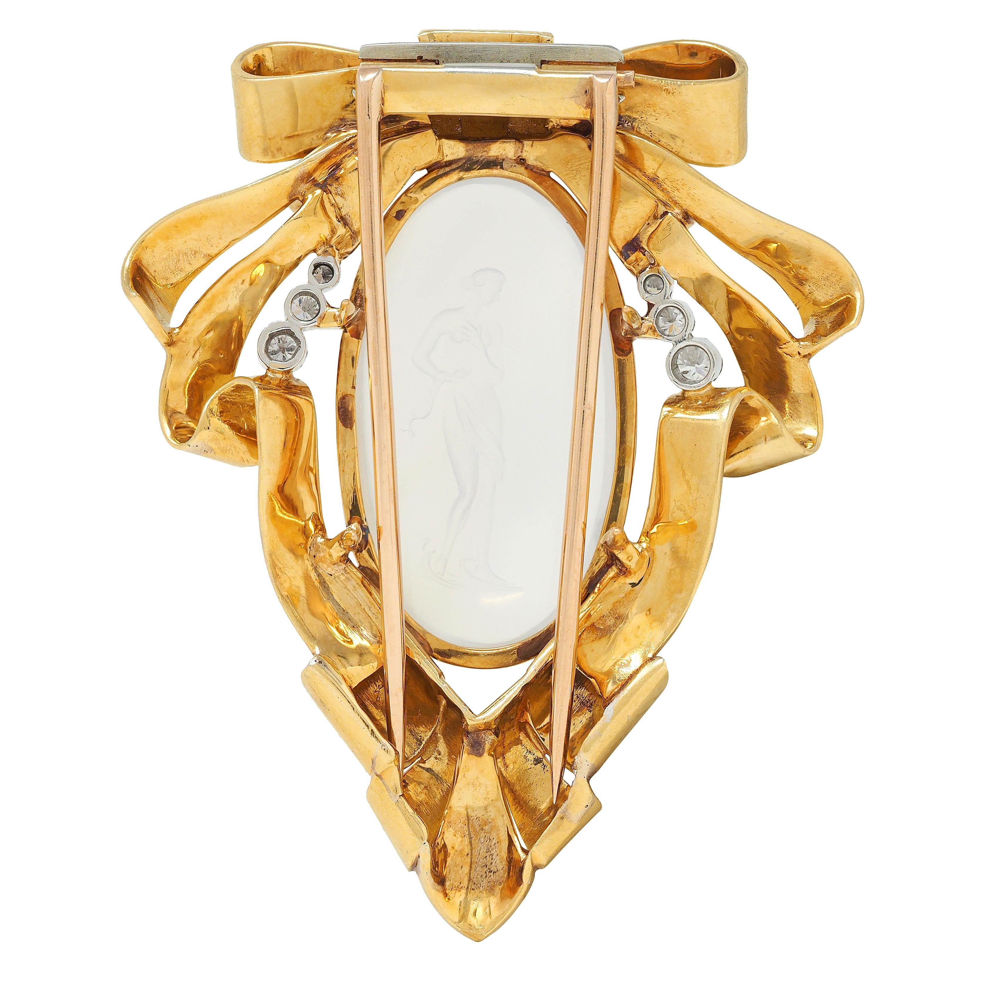 Retro Moonstone Intaglio Diamond Platinum 18K Yellow Gold Vintage Ribbon Brooch