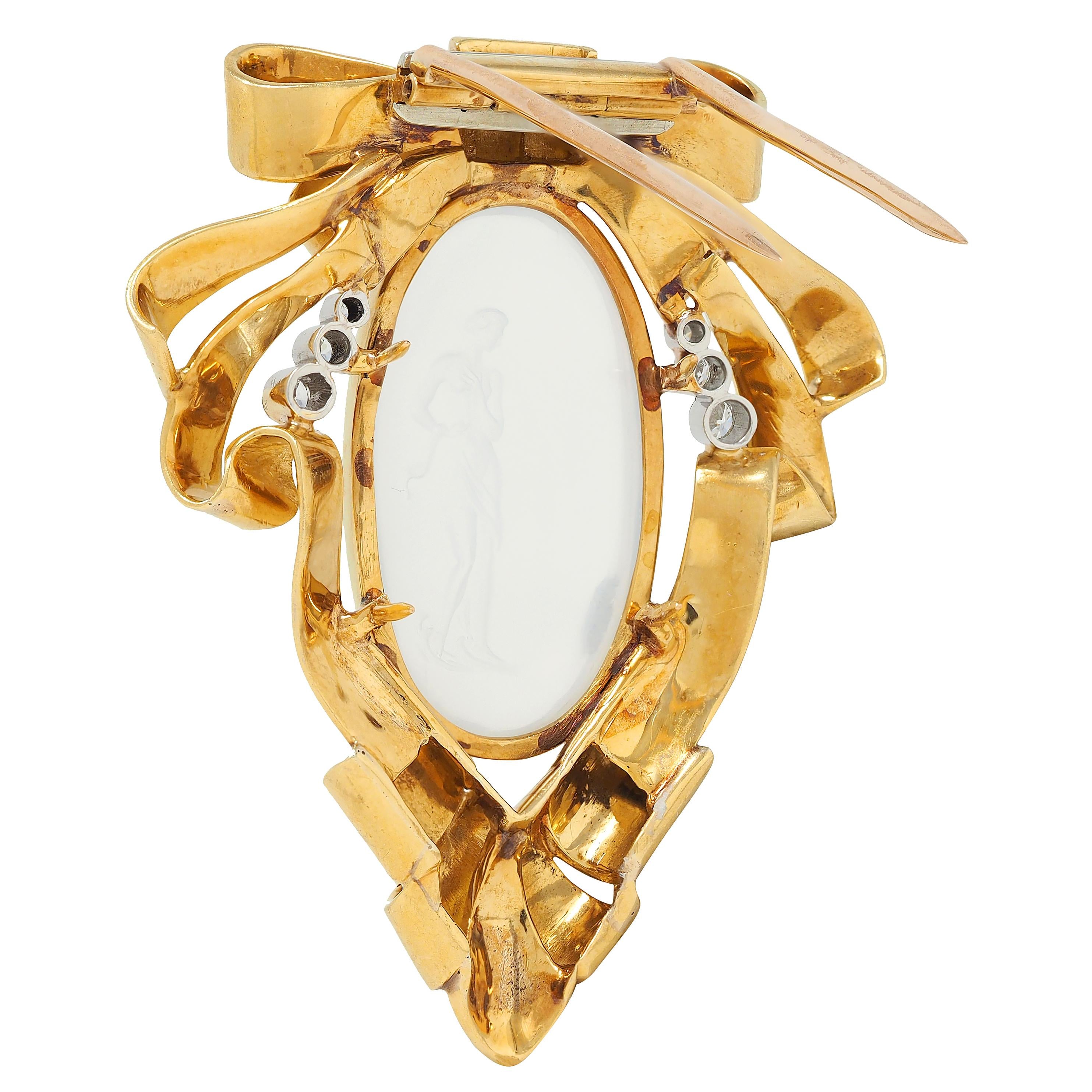 Retro Moonstone Intaglio Diamond Platinum 18K Yellow Gold Vintage Ribbon Brooch