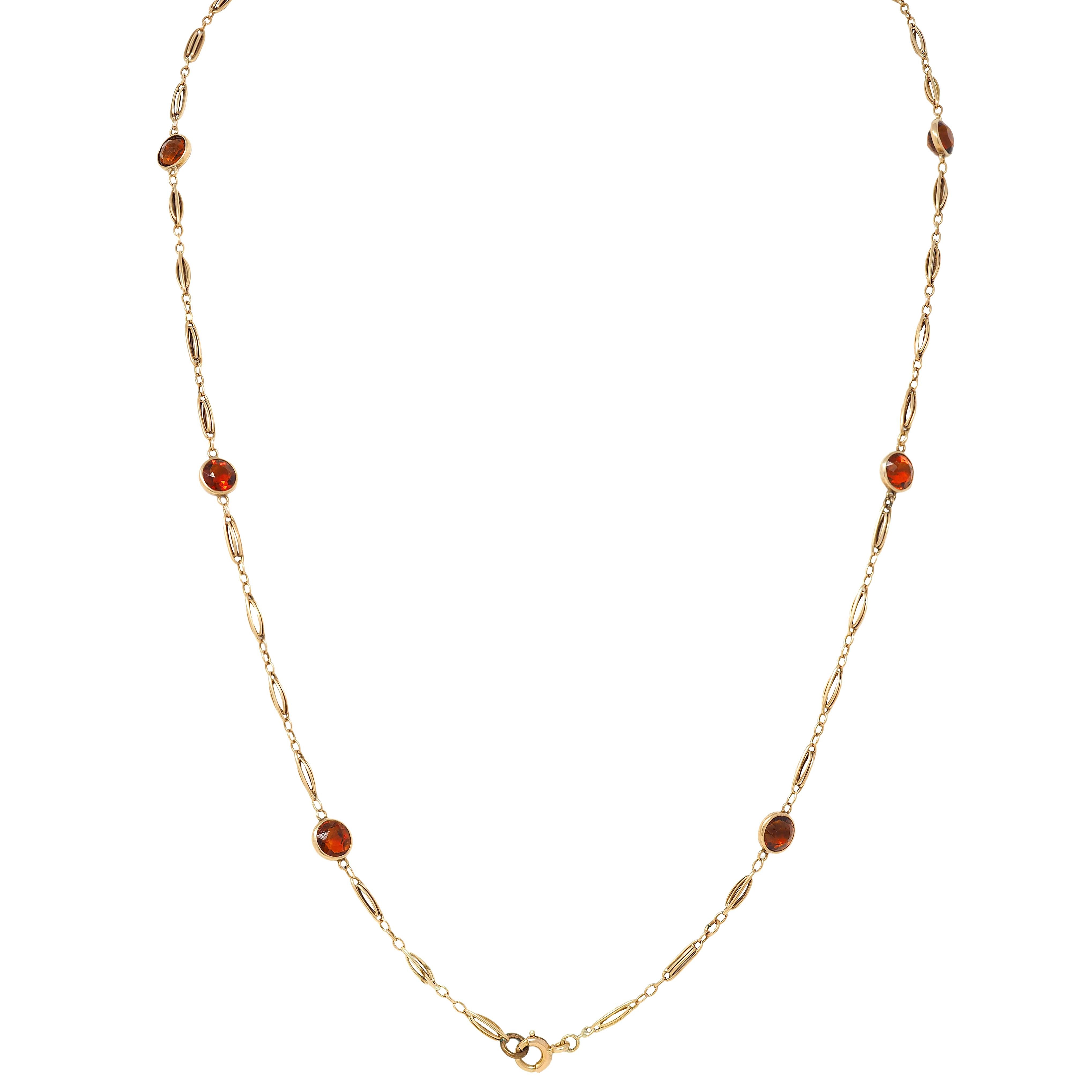 Victorian Citrine 14 Karat Yellow Gold Antique Bezel Station Link Chain Necklace