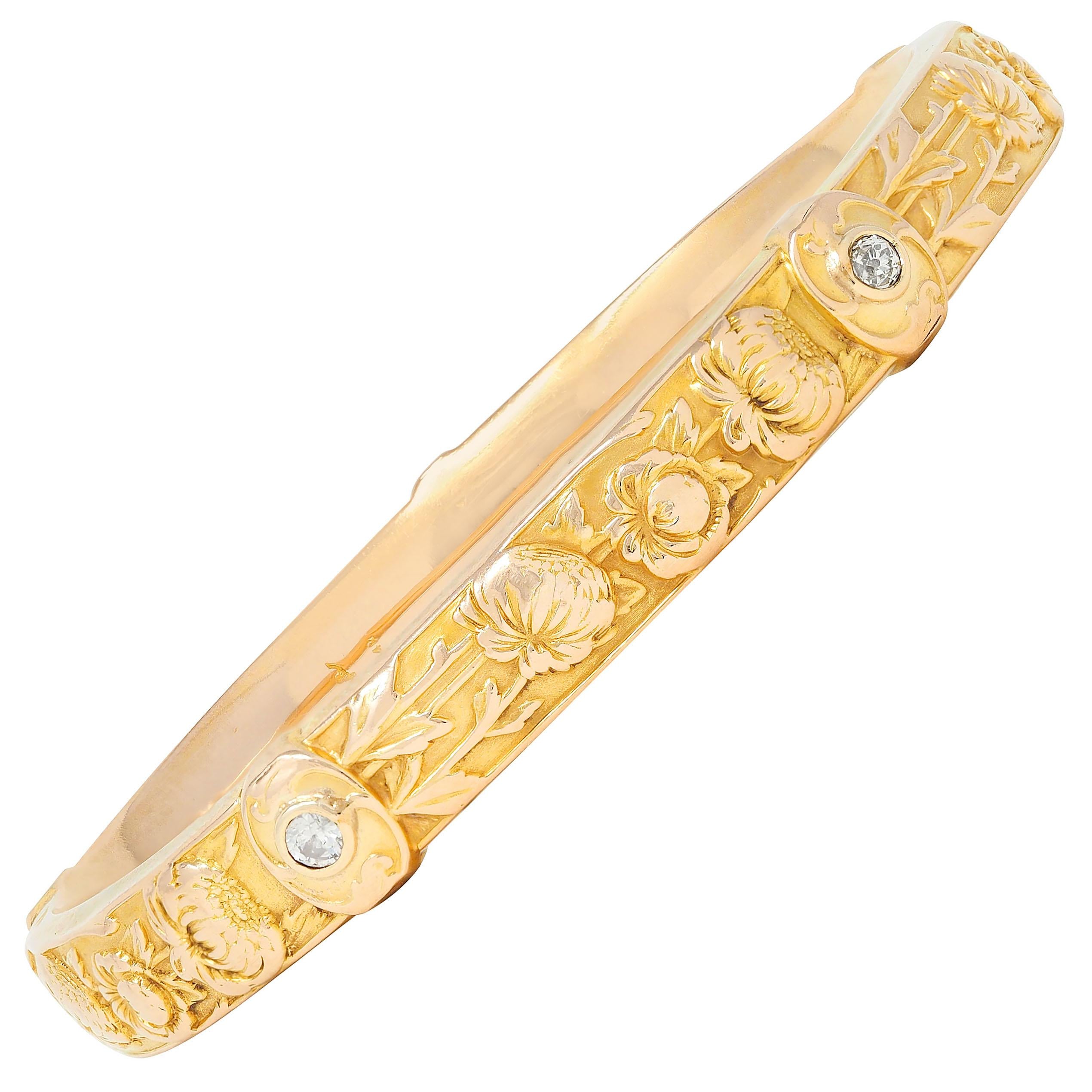 Riker Brother Art Nouveau Diamond 14K Gold Antique Chrysanthemum Bangle Bracelet