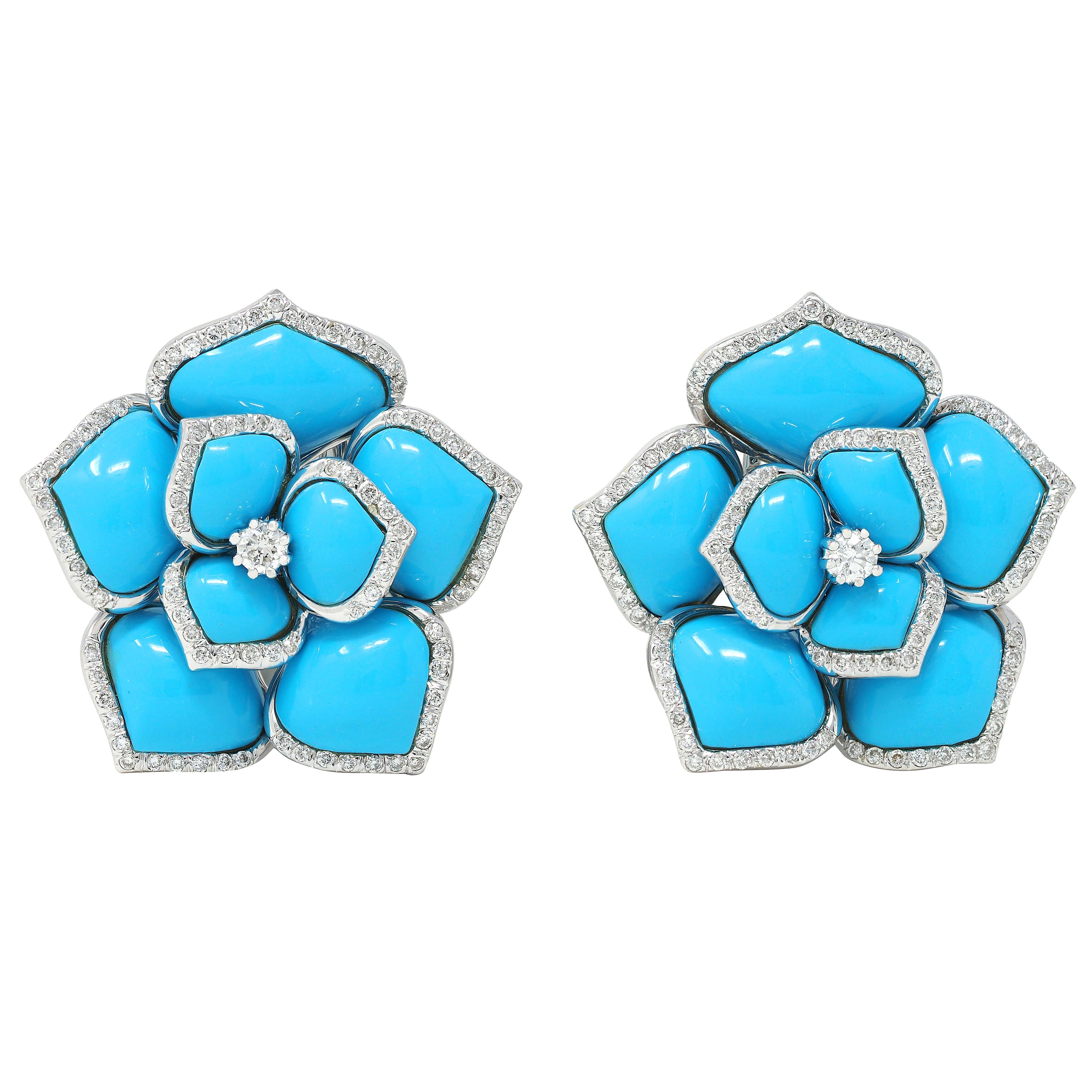 Contemporary Diamond Turquoise 18 Karat White Gold Flower Earrings