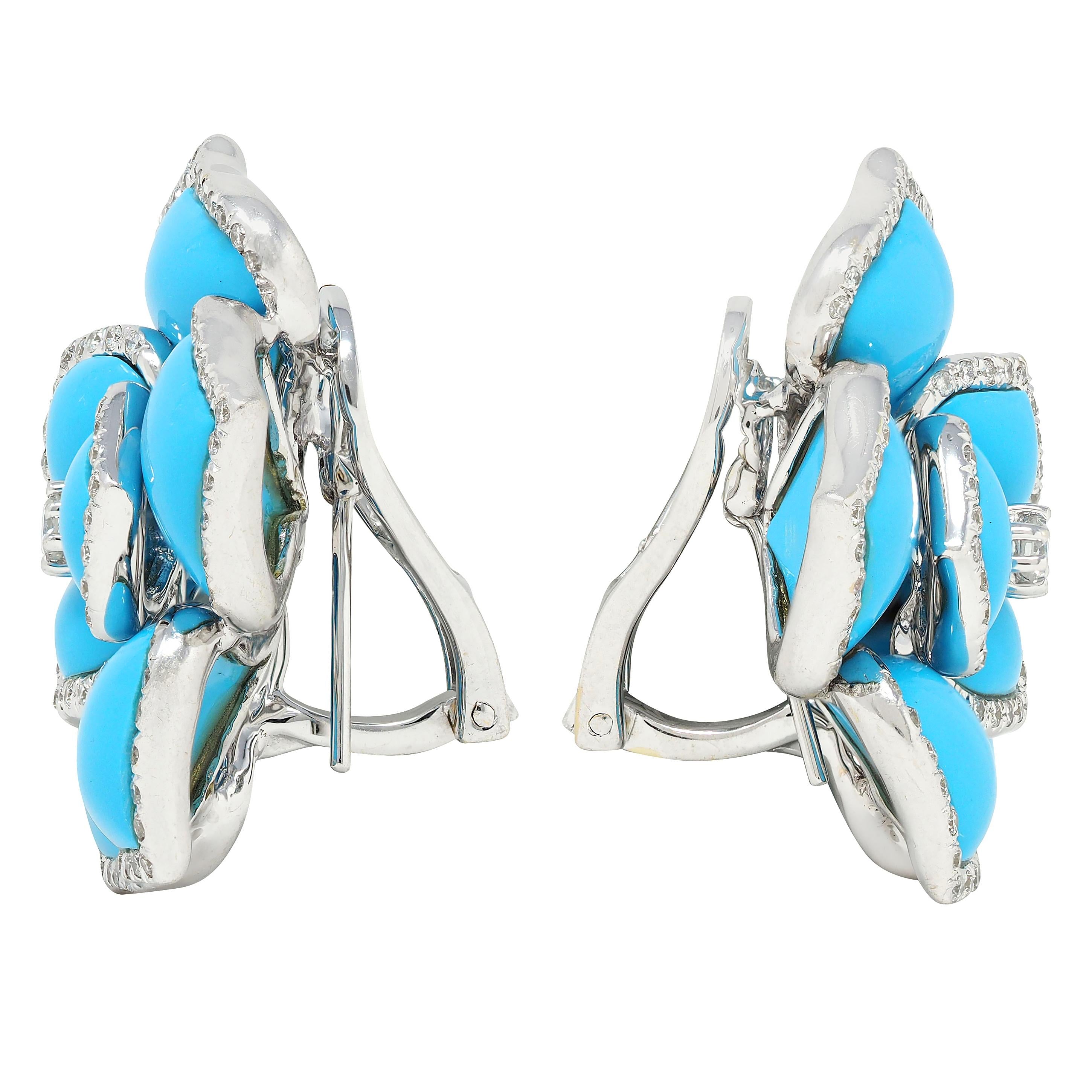 Contemporary Diamond Turquoise 18 Karat White Gold Flower Earrings