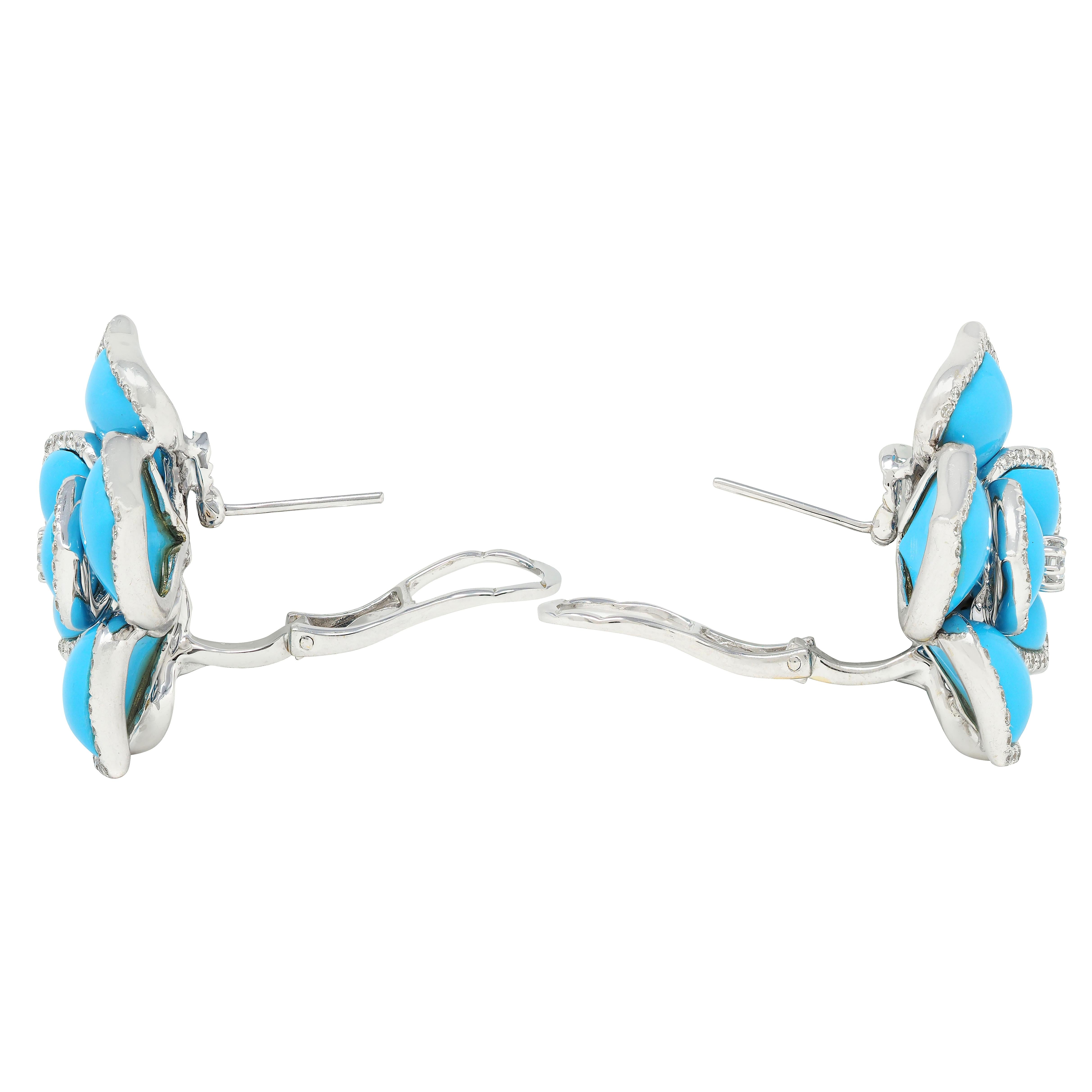 Contemporary Diamond Turquoise 18 Karat White Gold Flower Earrings