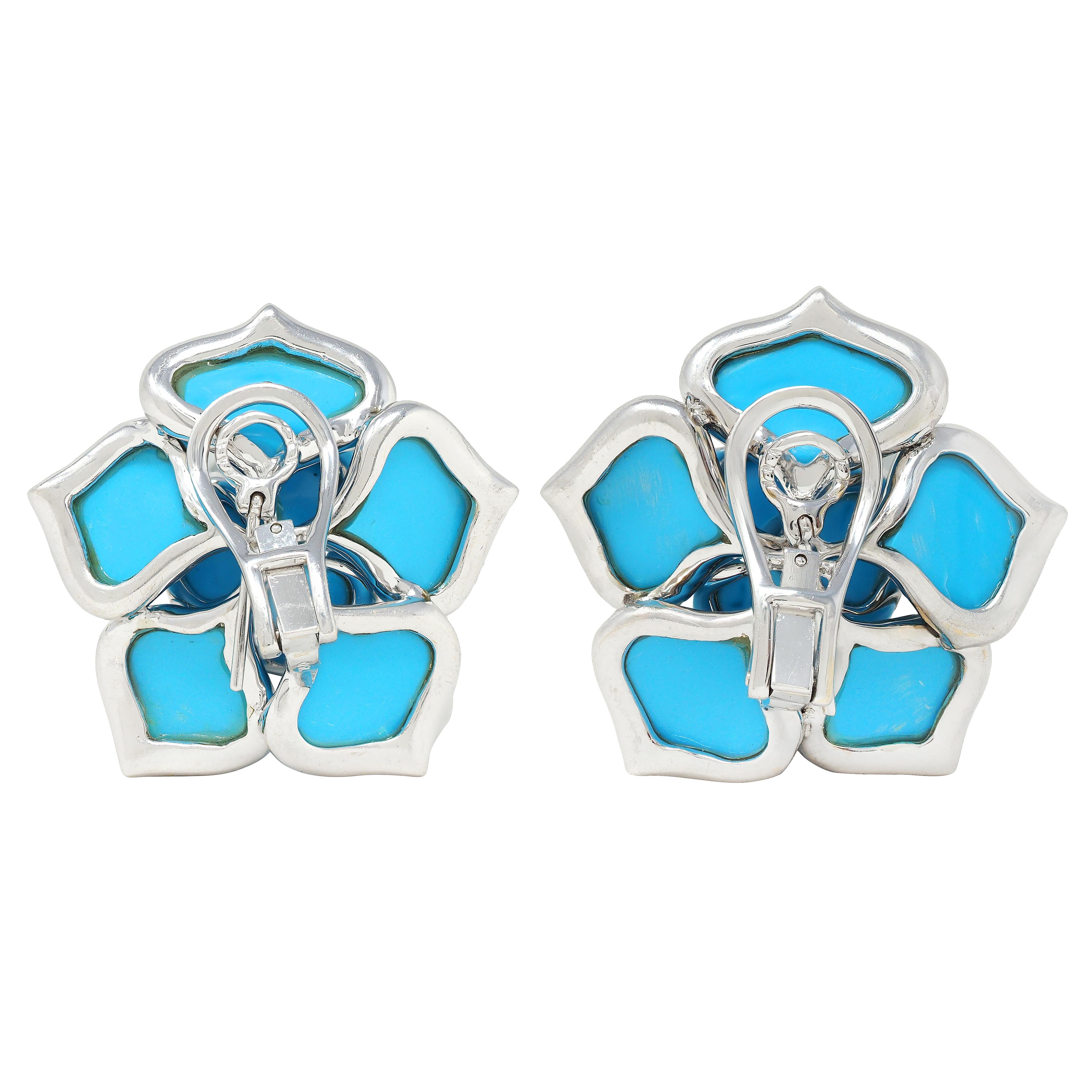 Contemporary Diamond Turquoise 18 Karat White Gold Flower Earrings