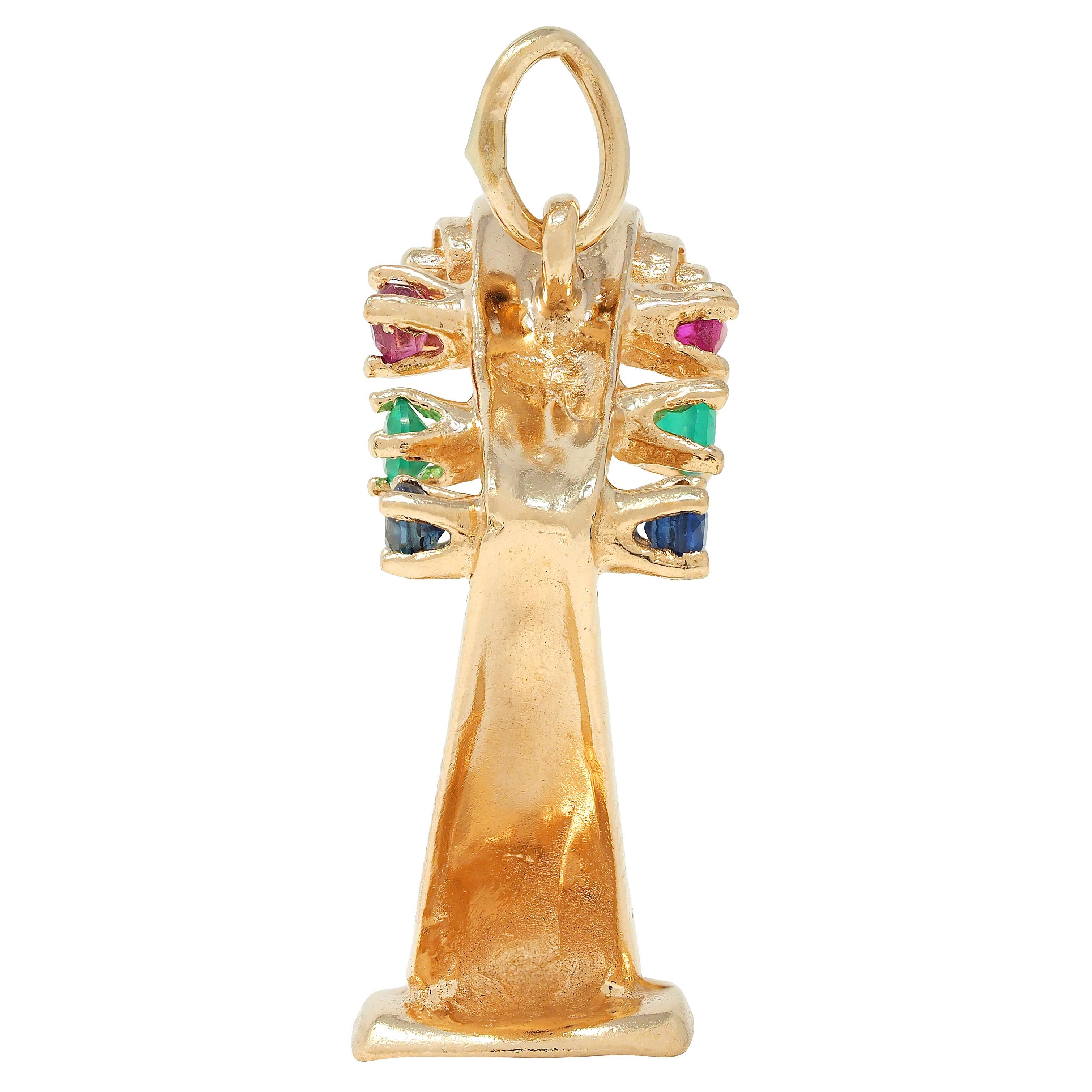1960's Multi-Gem 14K Yellow Gold Vintage Harp Musical Instrument Pendant Charm