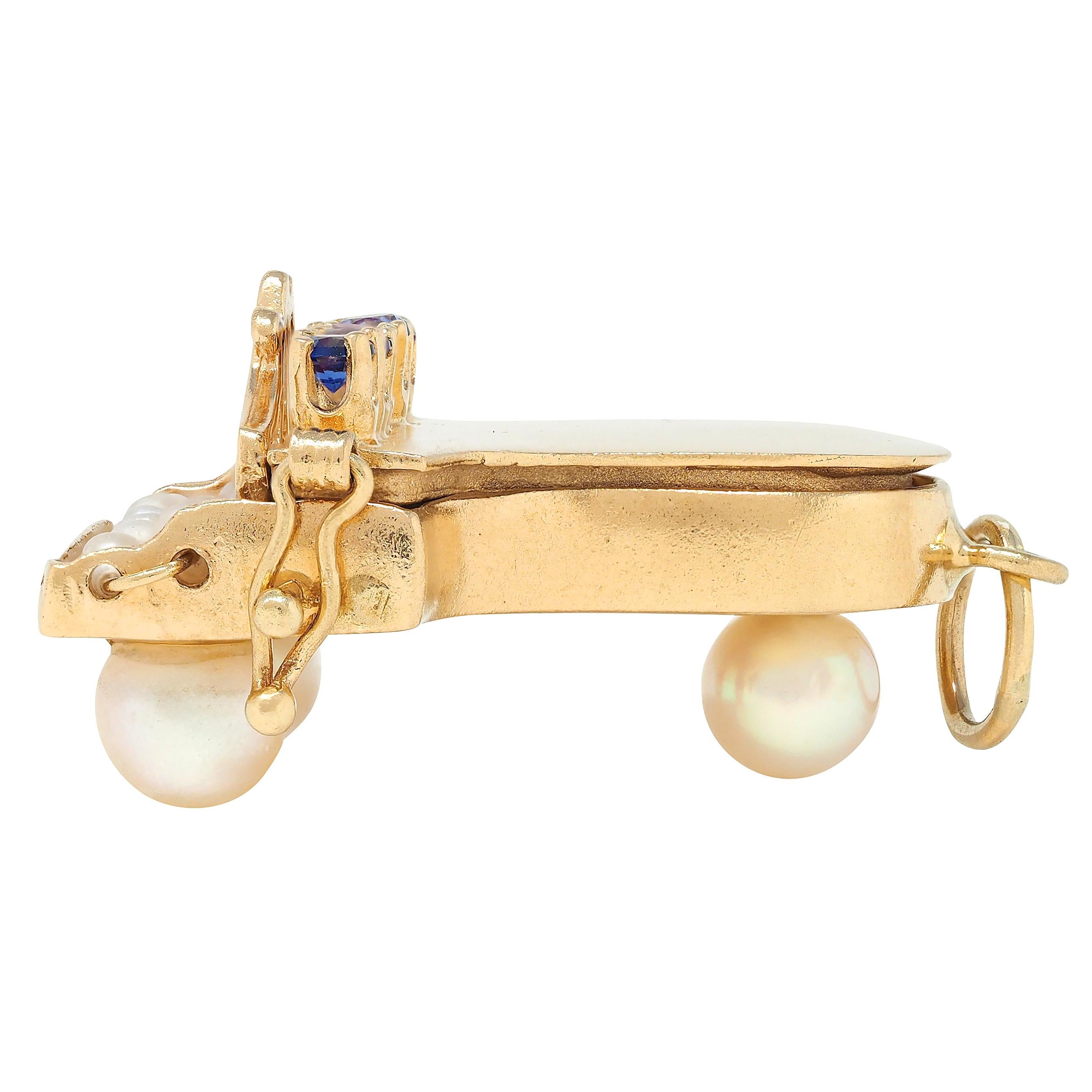 1960's Pearl Multi-Gem 14 Karat Yellow Gold Vintage Grand Piano Pendant Charm