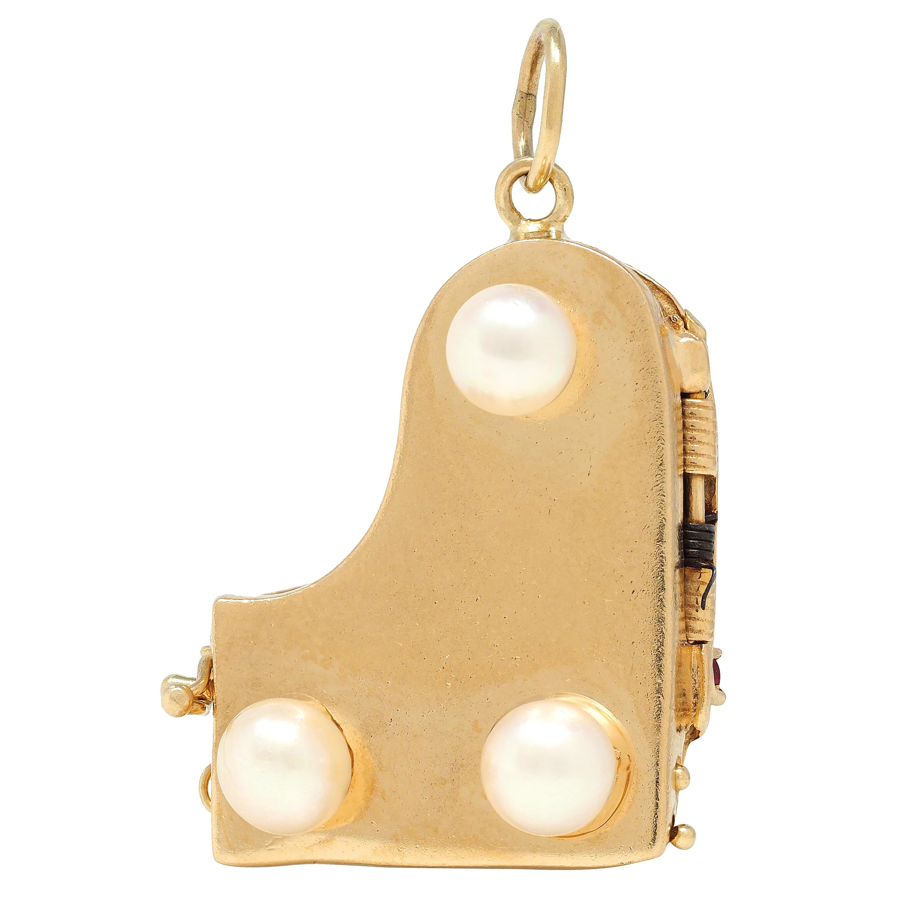 1960's Pearl Multi-Gem 14 Karat Yellow Gold Vintage Grand Piano Pendant Charm