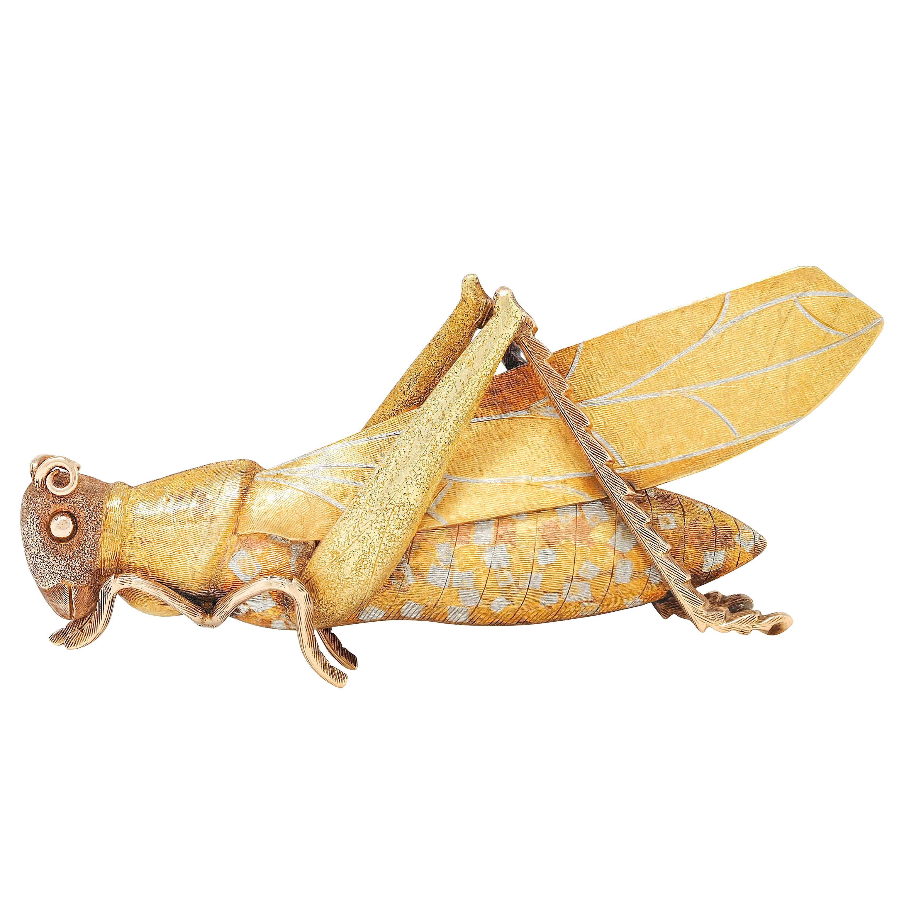 1970's Craft 14 Karat Tri-Colored Gold Vintage Grasshopper Brooch