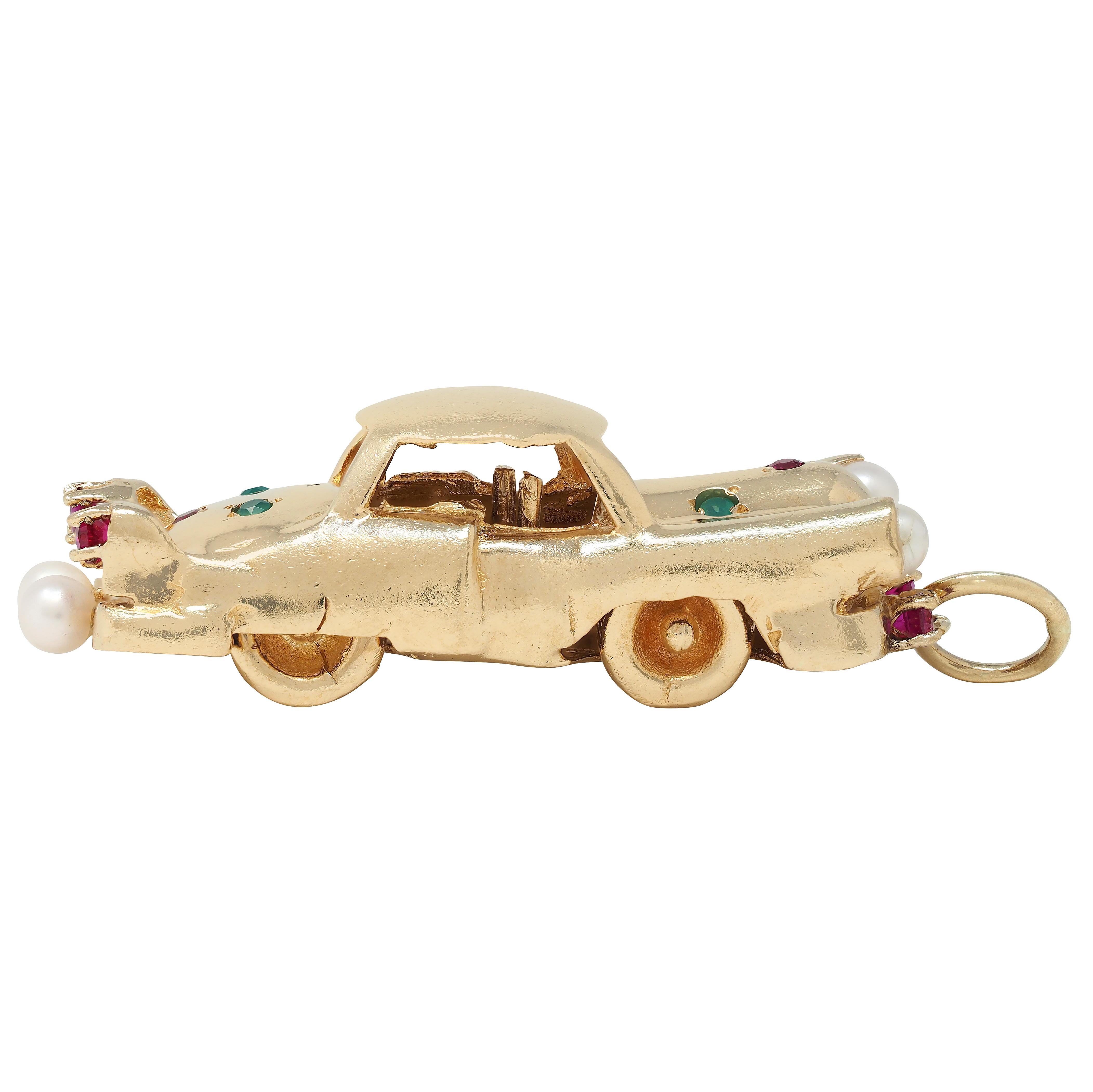 1960's Multi-Gem 14 Karat Yellow Gold Vintage Car Pendant Charm