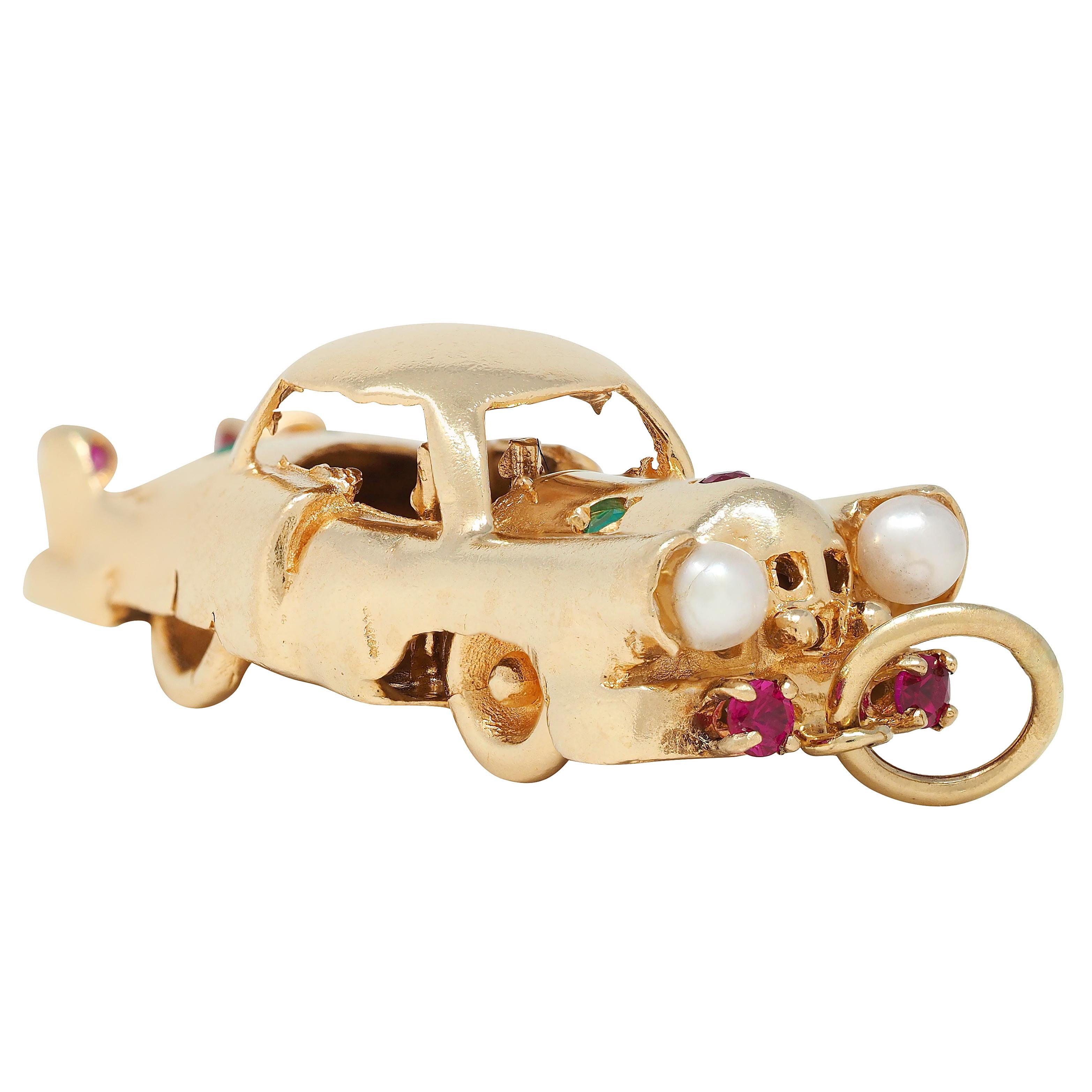 1960's Multi-Gem 14 Karat Yellow Gold Vintage Car Pendant Charm