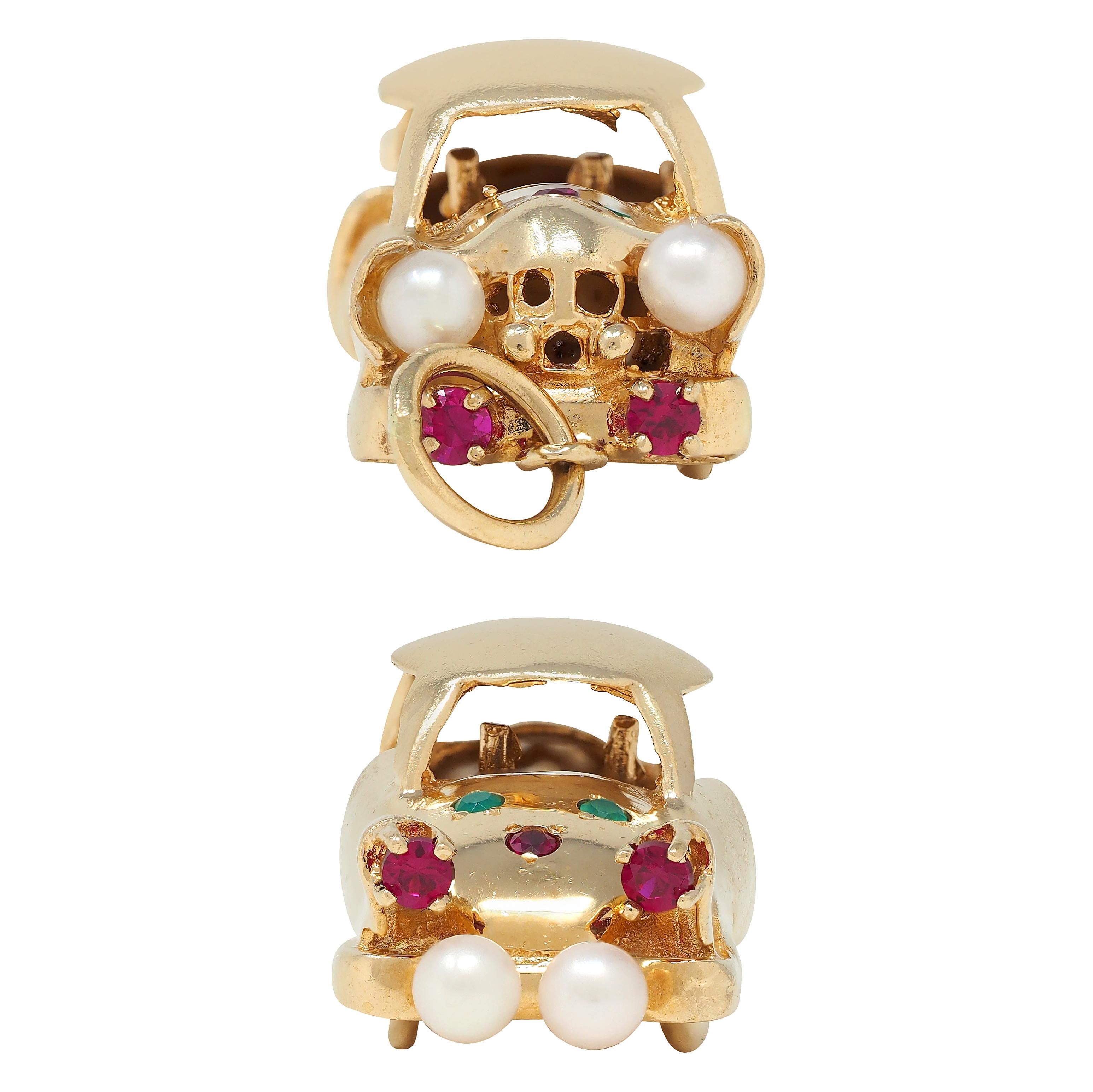 1960's Multi-Gem 14 Karat Yellow Gold Vintage Car Pendant Charm