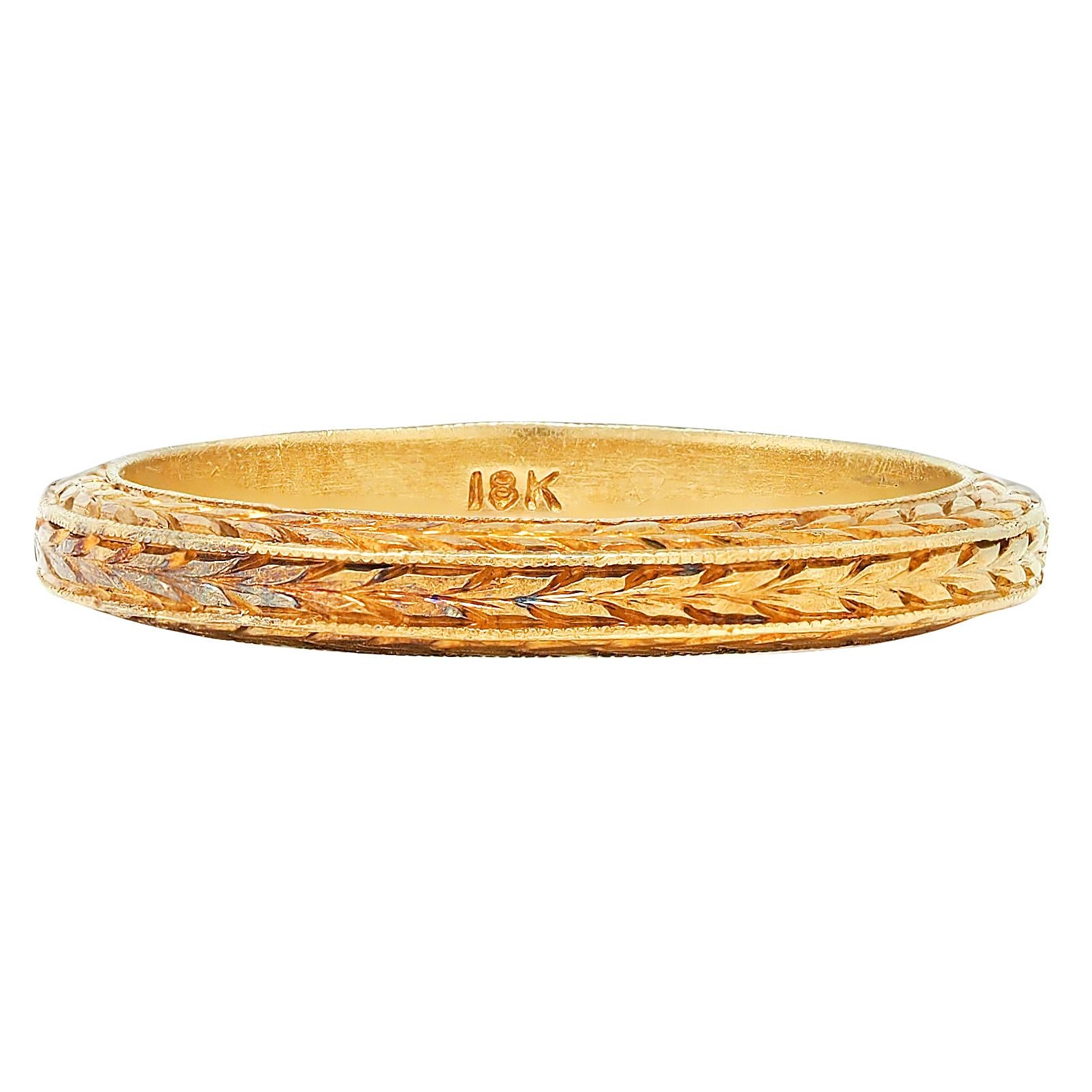 Art Deco 18 Karat Yellow Gold Vintage Wheat Wedding Band Ring