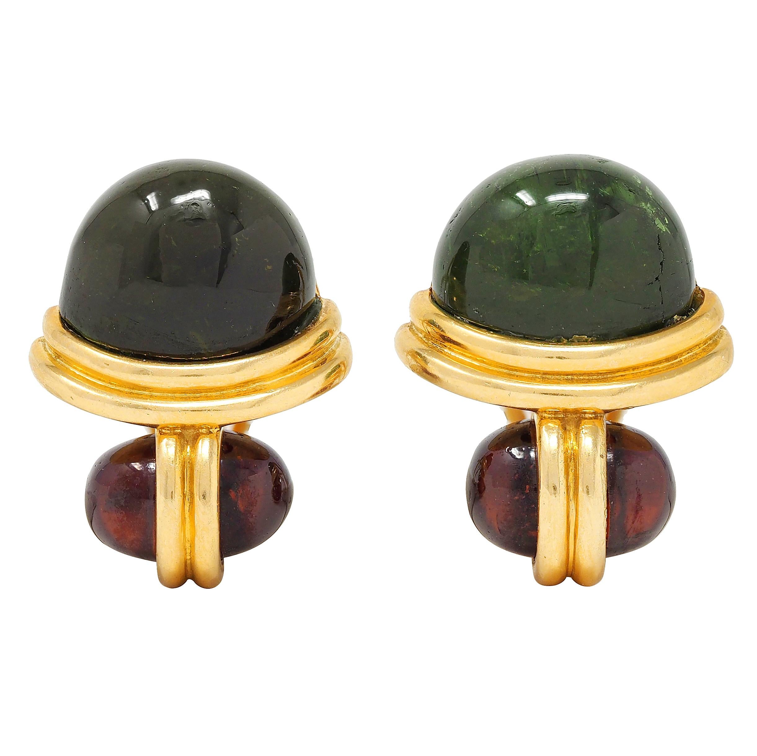 H. Stern 1980's Garnet Tourmaline 18 Karat Yellow Gold Vintage Cabochon Earrings