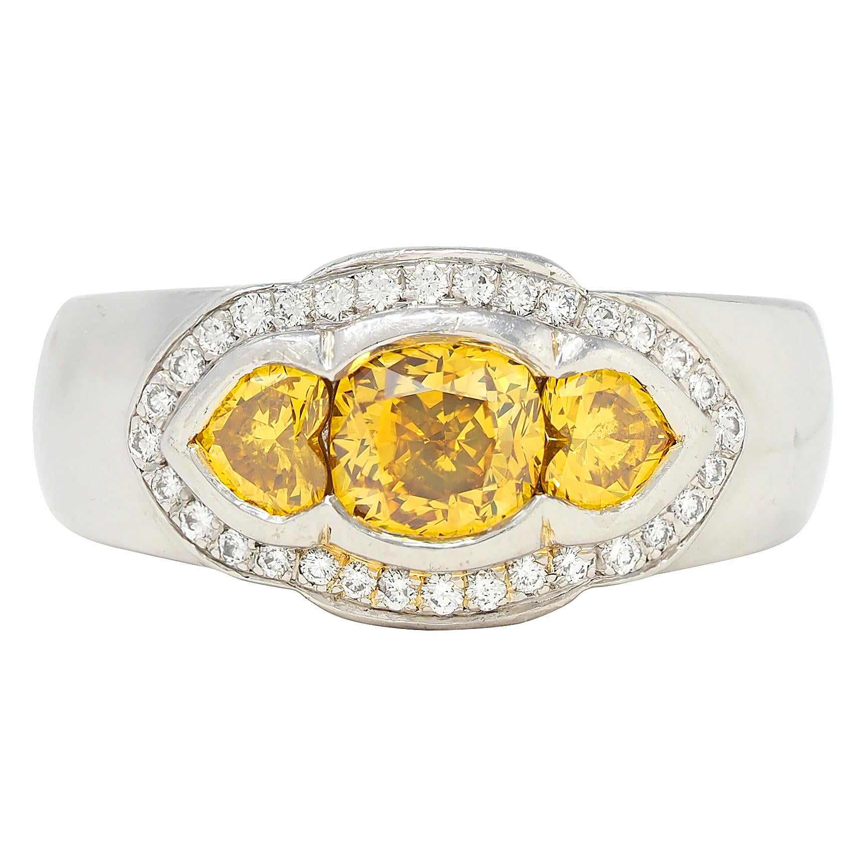 Vintage 1.79 CTW Fancy Vivid Yellow Diamond Three Stone Halo Ring
