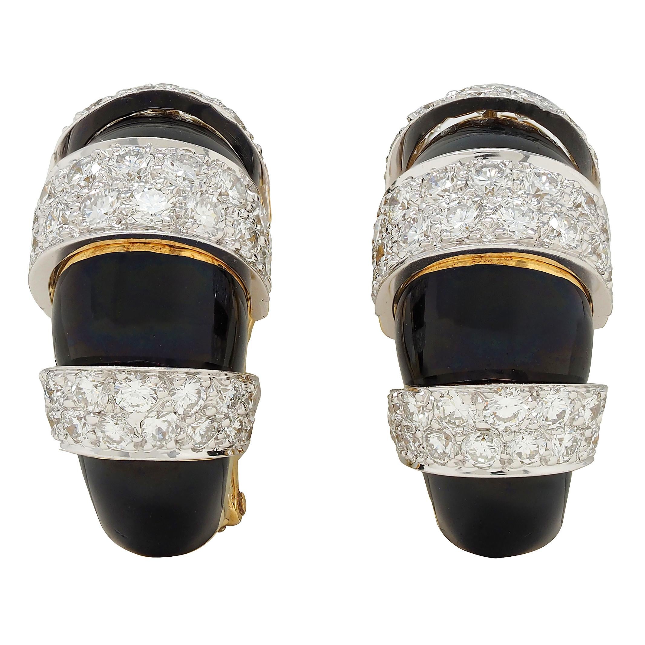 David Webb Diamond Black Enamel Platinum 18K Gold Vintage Ear-Clip Earrings