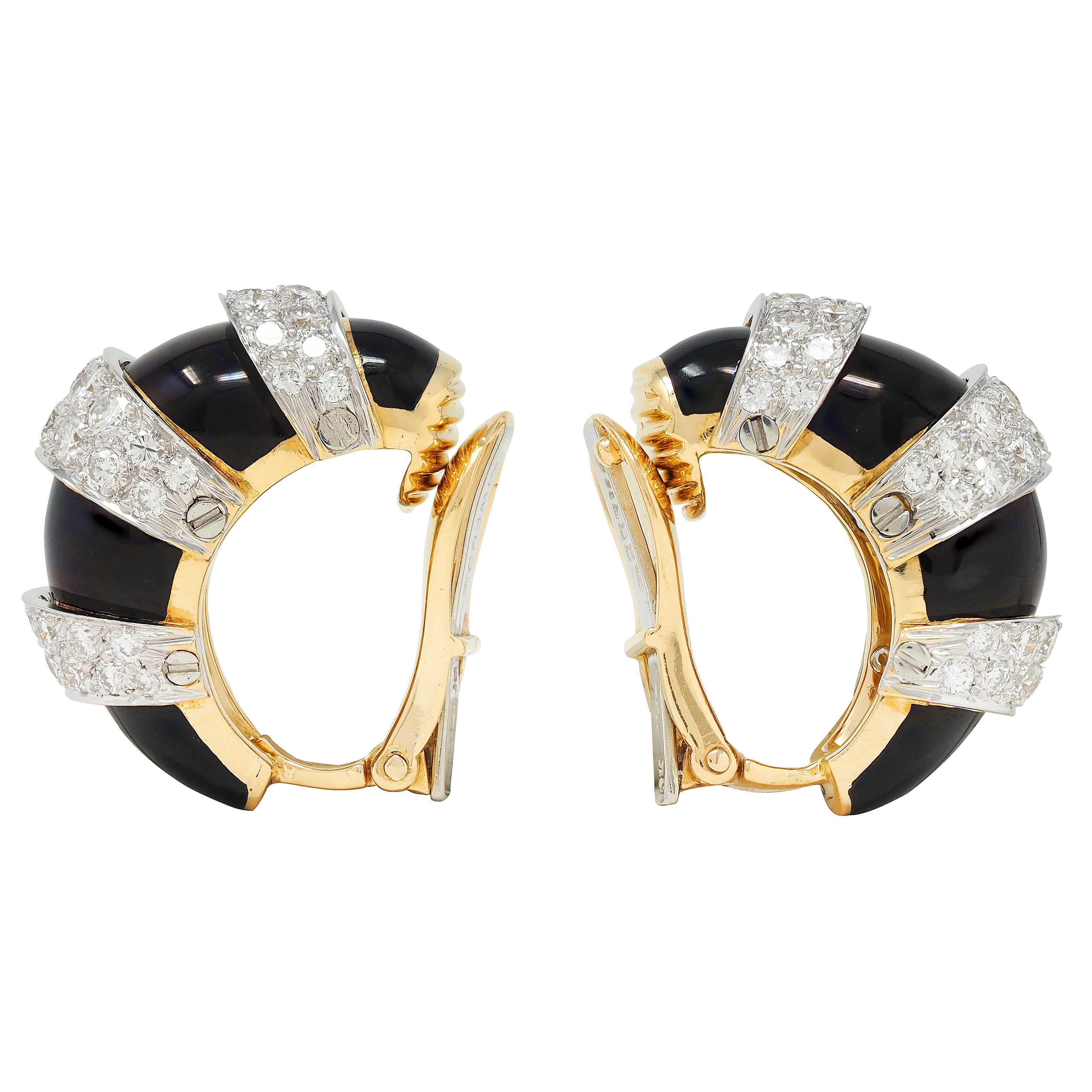 David Webb Diamond Black Enamel Platinum 18K Gold Vintage Ear-Clip Earrings