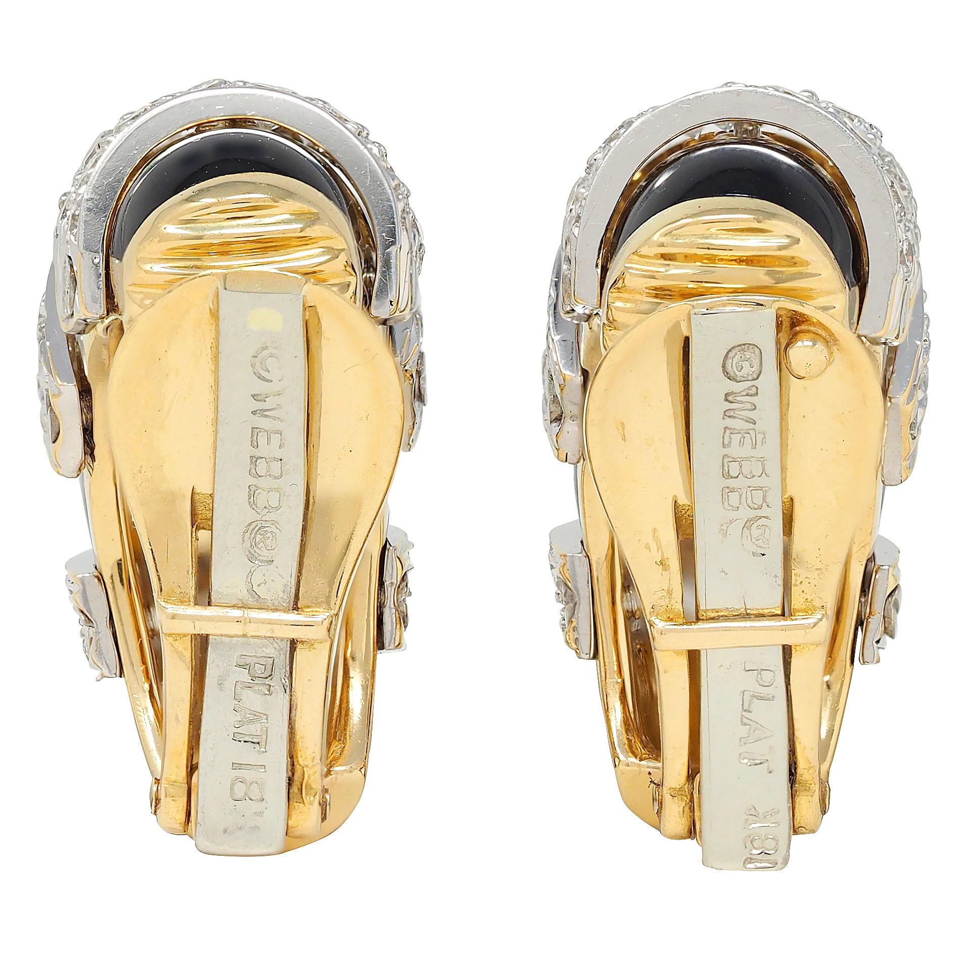 David Webb Diamond Black Enamel Platinum 18K Gold Vintage Ear-Clip Earrings