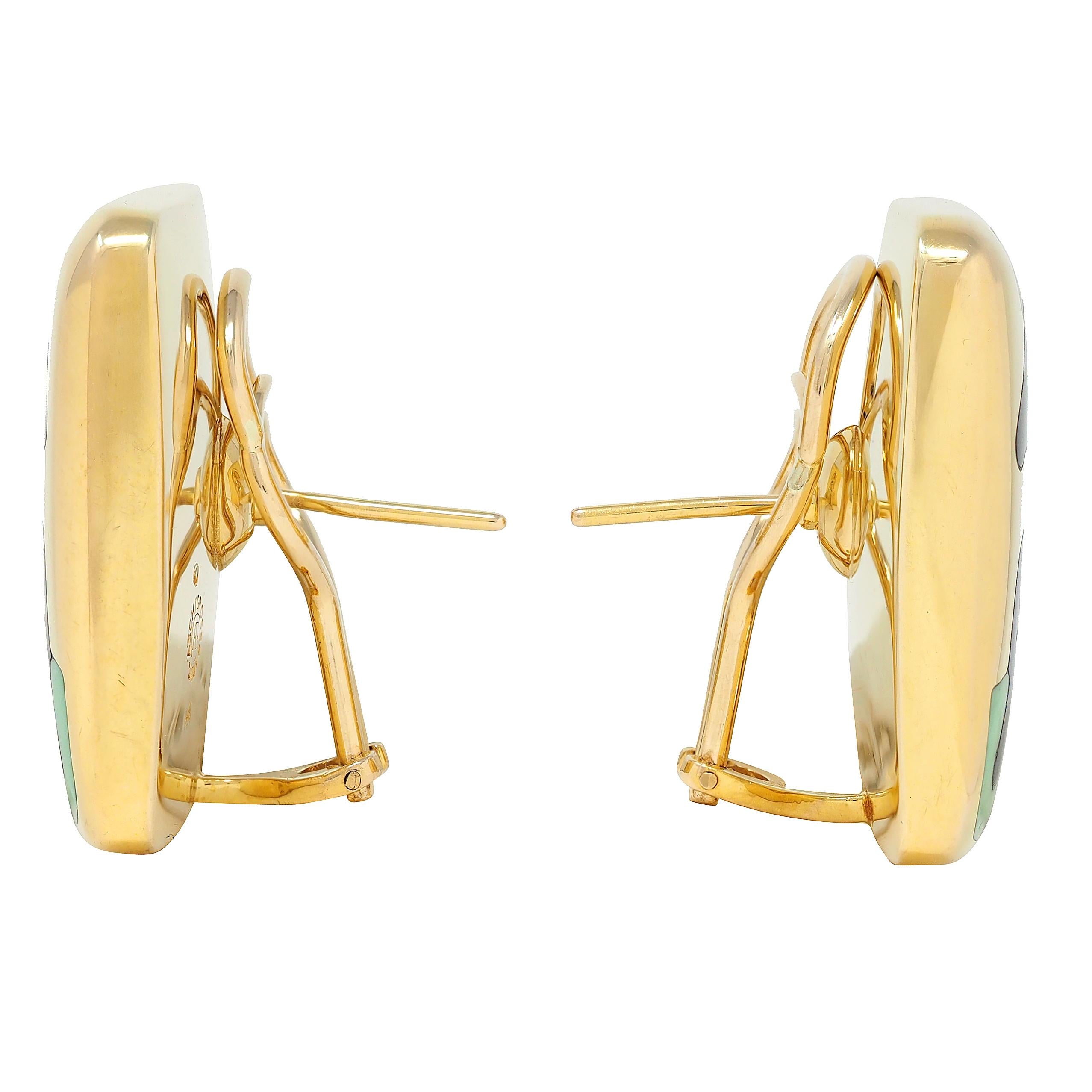 Asch Grossbardt 1980's Multi-Gem 14K Gold Vintage Cushion Horse Inlay Earrings