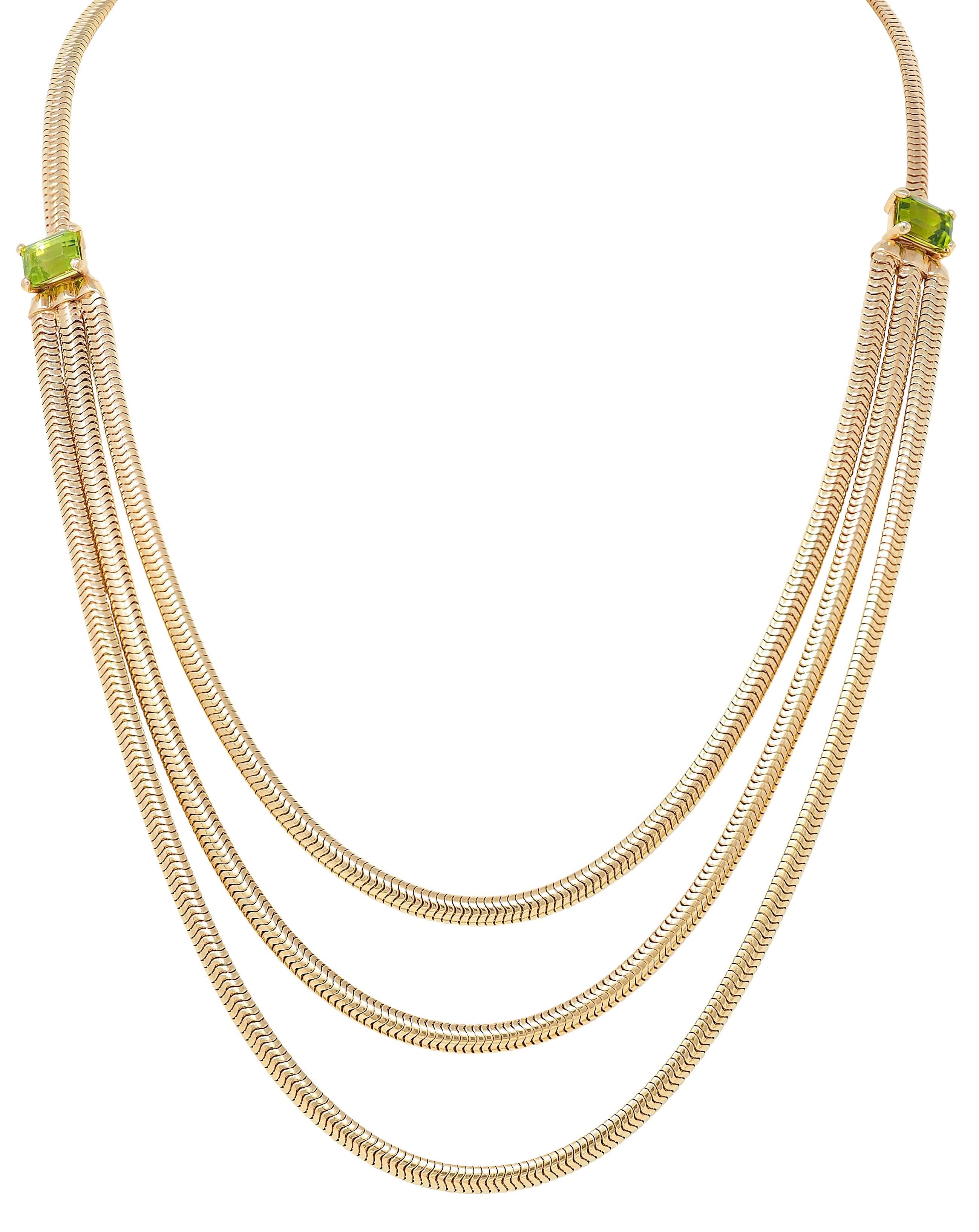 1990's Peridot 14K Gold Vintage Swagged Multi-Strand Snake Chain Necklace