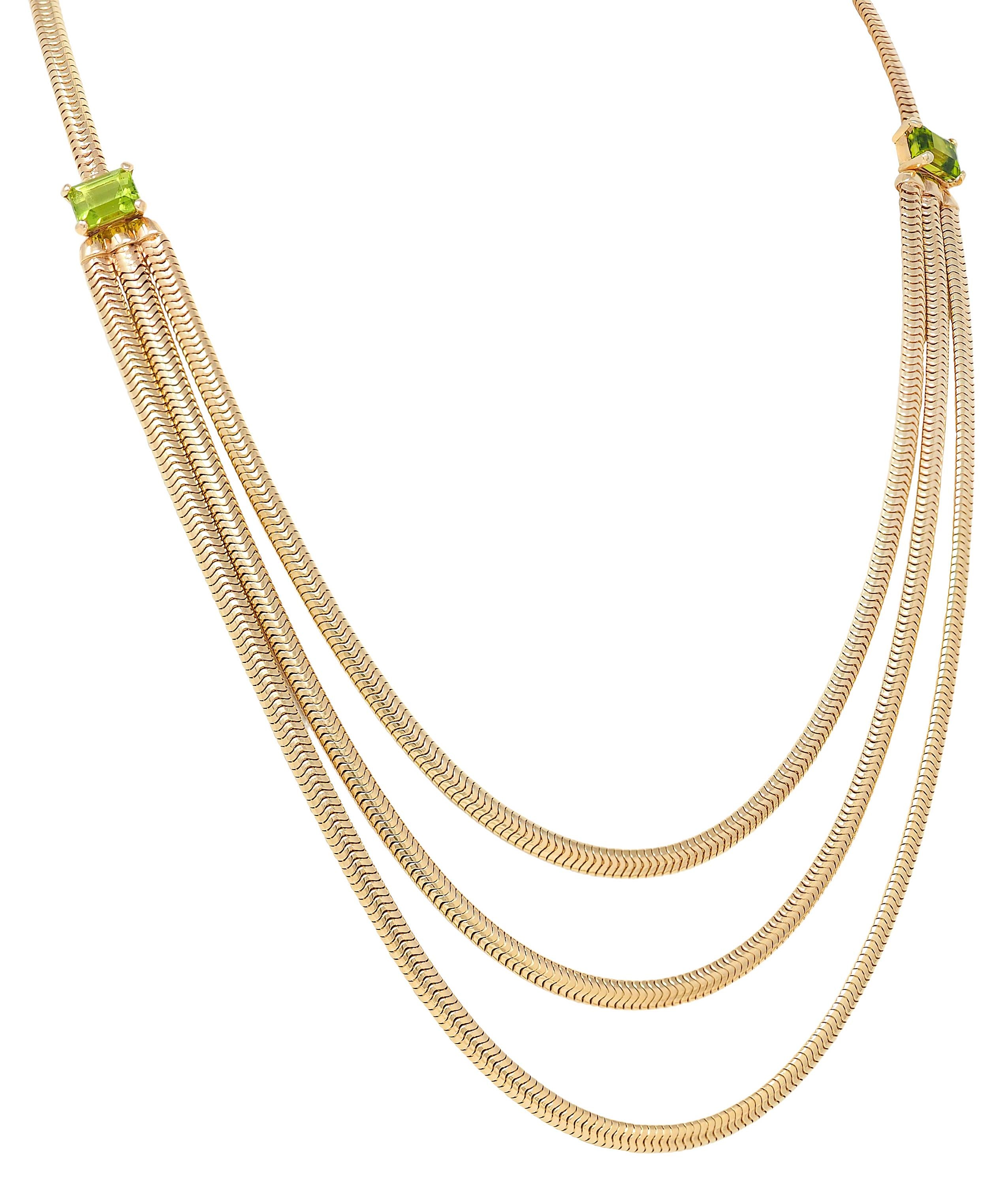 1990's Peridot 14K Gold Vintage Swagged Multi-Strand Snake Chain Necklace