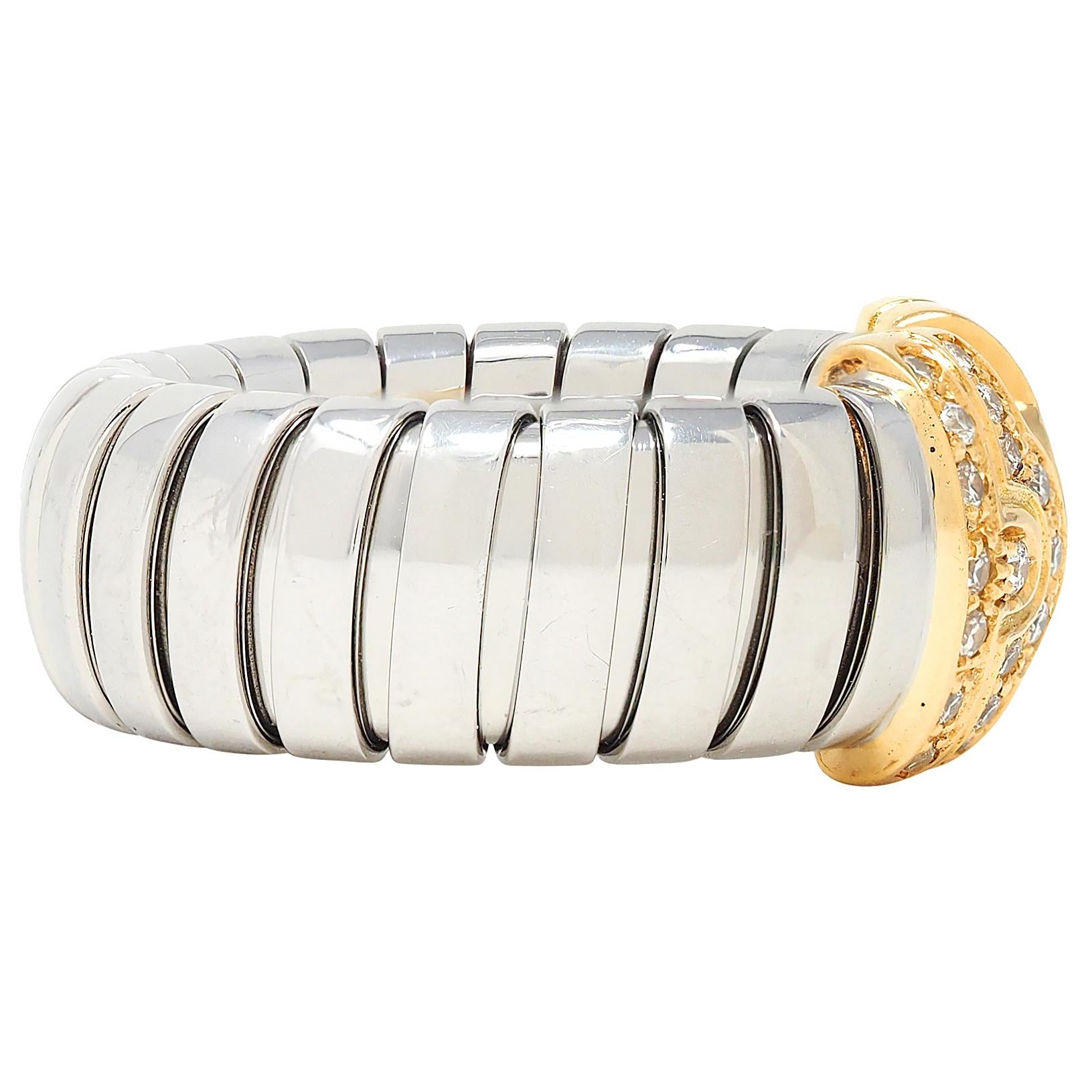 Bulgari Diamond 18 Karat Yellow Gold Steel Vintage Parentesi Tubogas Omega Ring