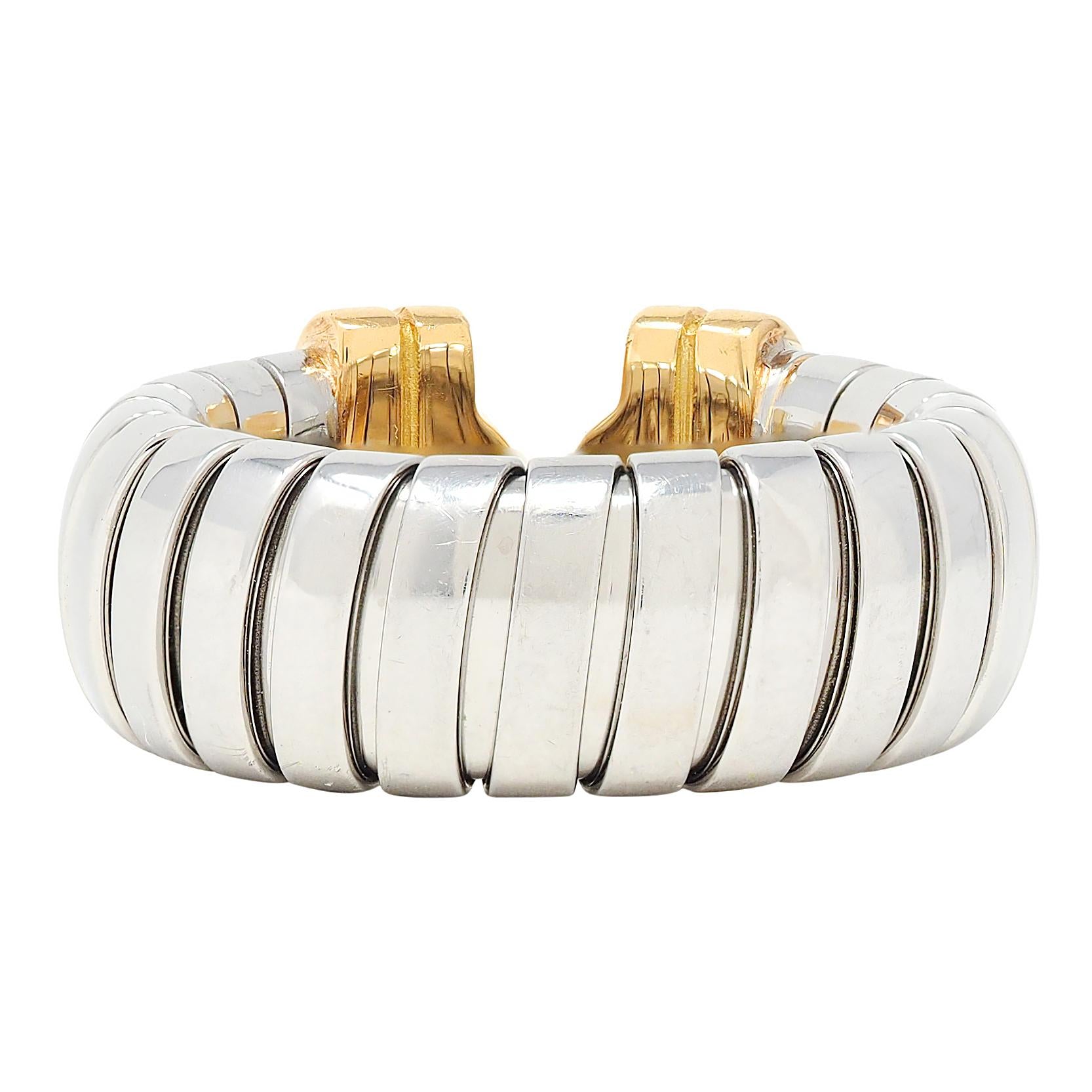 Bulgari Diamond 18 Karat Yellow Gold Steel Vintage Parentesi Tubogas Omega Ring