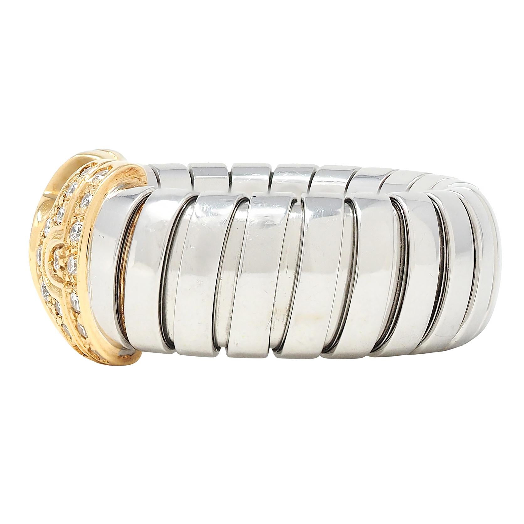 Bulgari Diamond 18 Karat Yellow Gold Steel Vintage Parentesi Tubogas Omega Ring