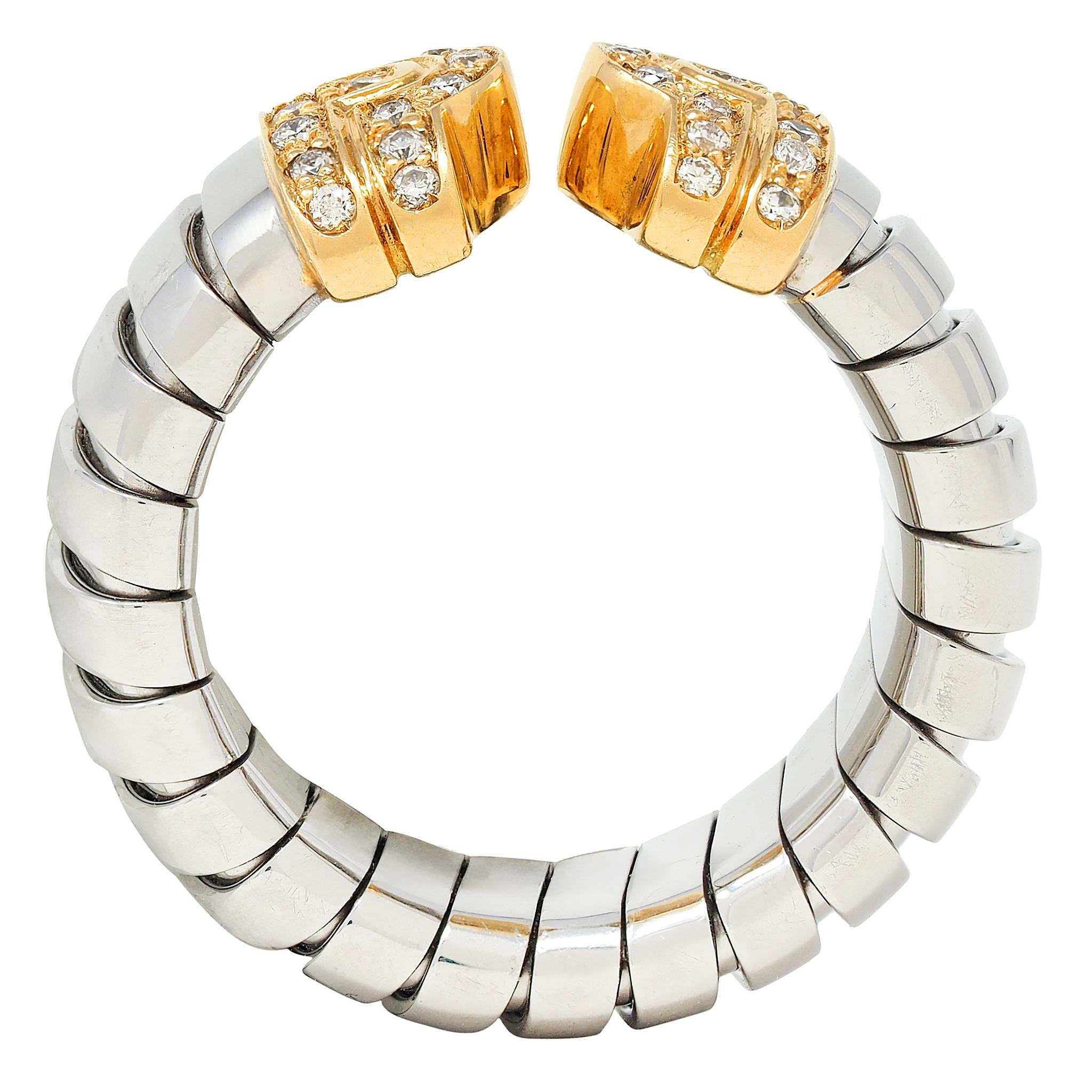 Bulgari Diamond 18 Karat Yellow Gold Steel Vintage Parentesi Tubogas Omega Ring
