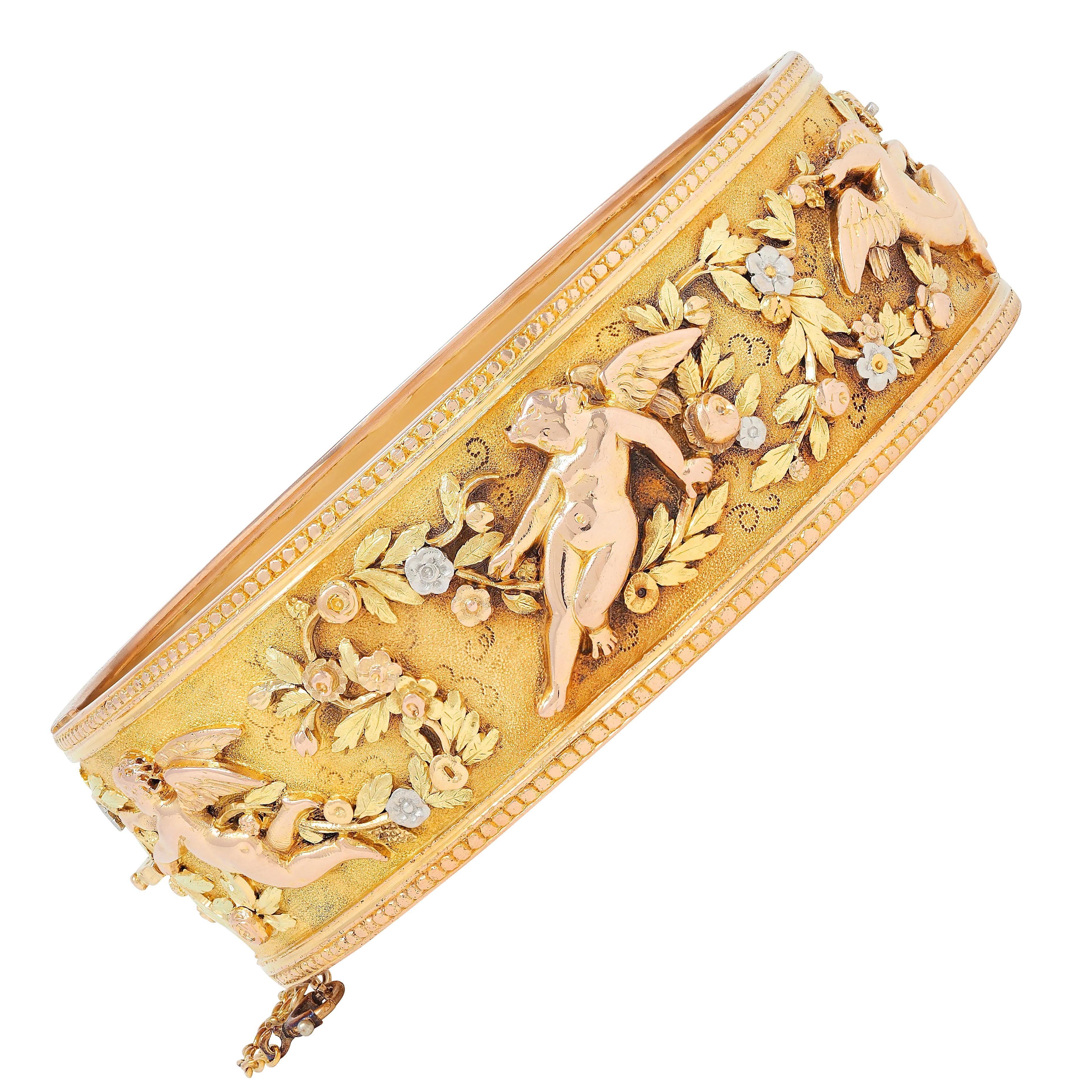 French Victorian 18 Karat Multi-Tone Gold Antique Floral Cherub Bangle Bracelet