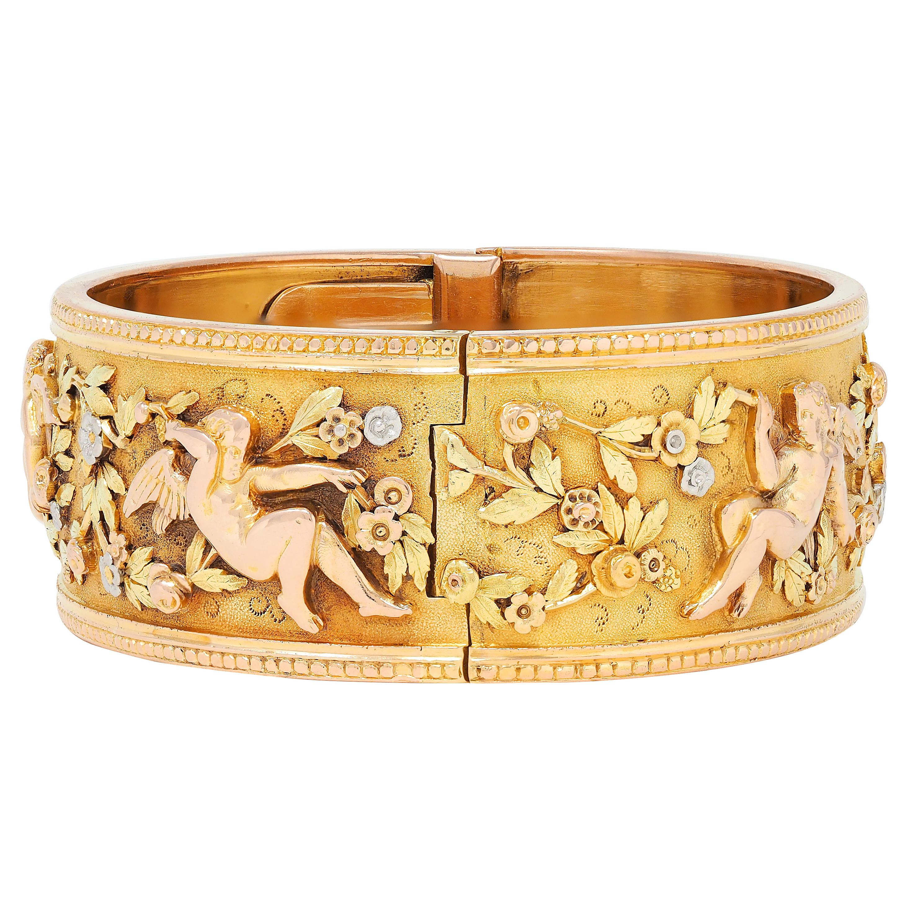 French Victorian 18 Karat Multi-Tone Gold Antique Floral Cherub Bangle Bracelet