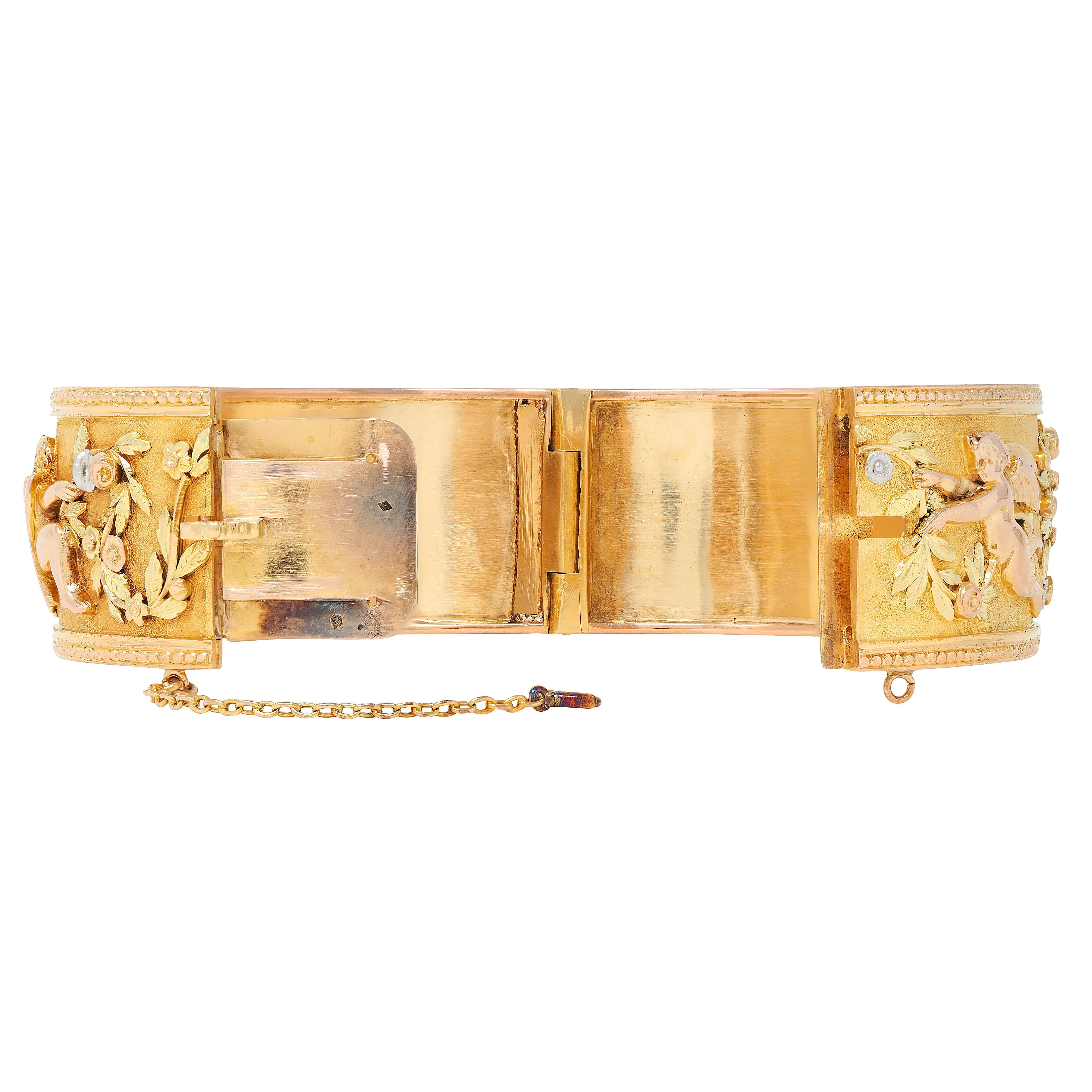 French Victorian 18 Karat Multi-Tone Gold Antique Floral Cherub Bangle Bracelet