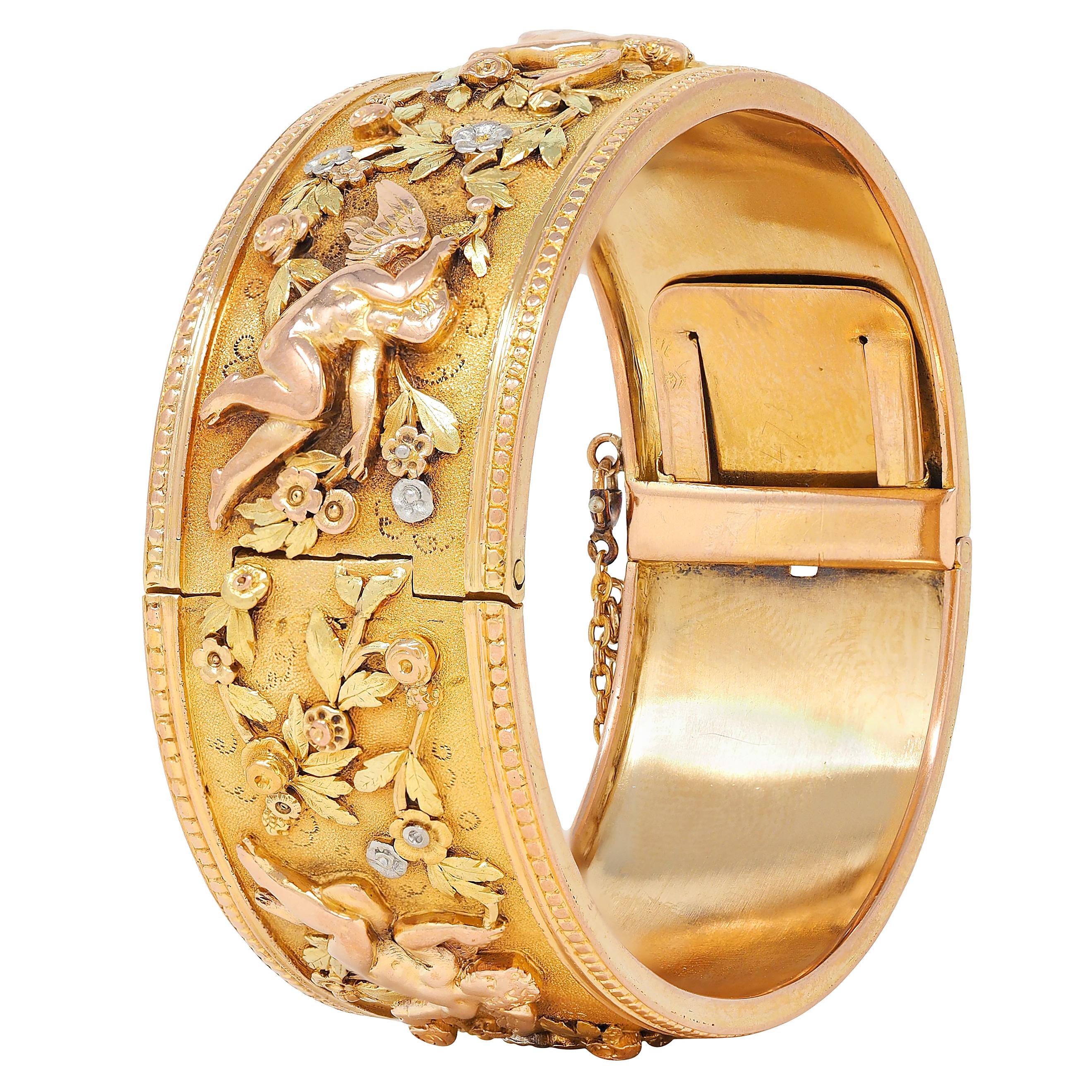 French Victorian 18 Karat Multi-Tone Gold Antique Floral Cherub Bangle Bracelet