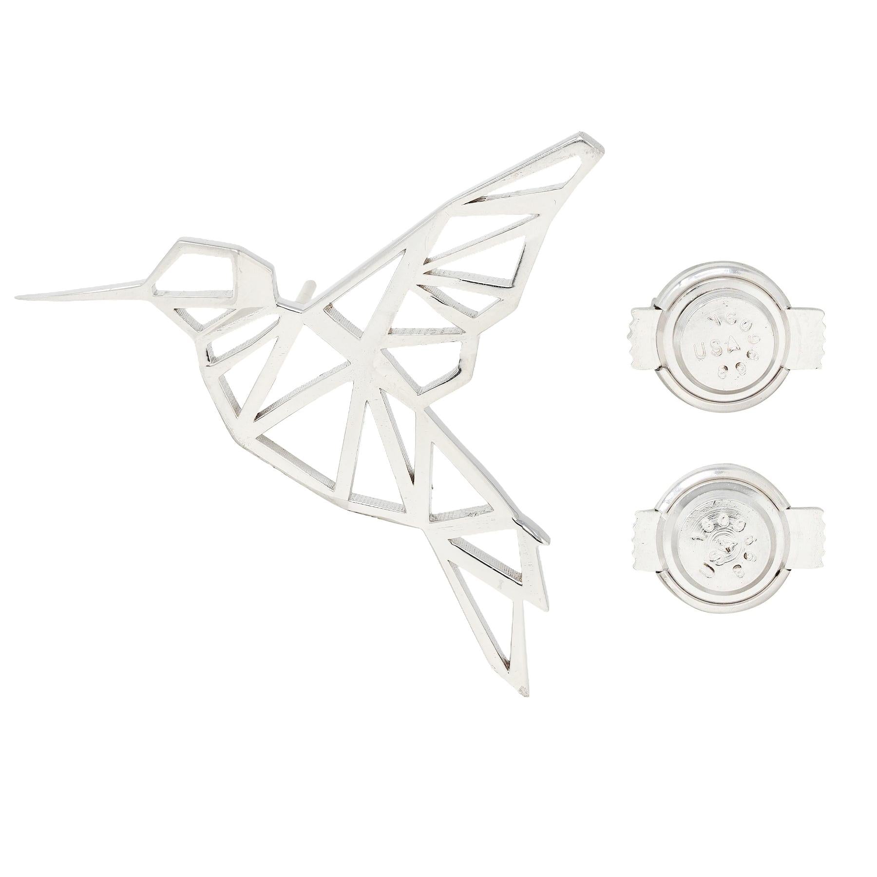 BRASH Platinum Faceted Geometric GEO Hummingbird Unisex Brooch Pin