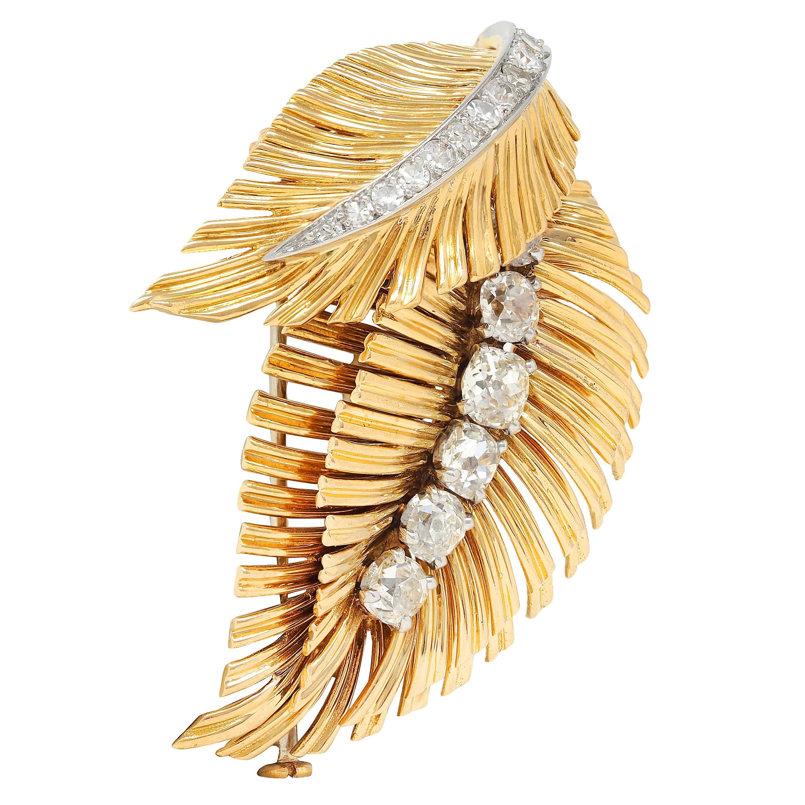 Van Cleef & Arpels French 1950's Diamond Platinum 18K Gold Vintage Leaf Brooch