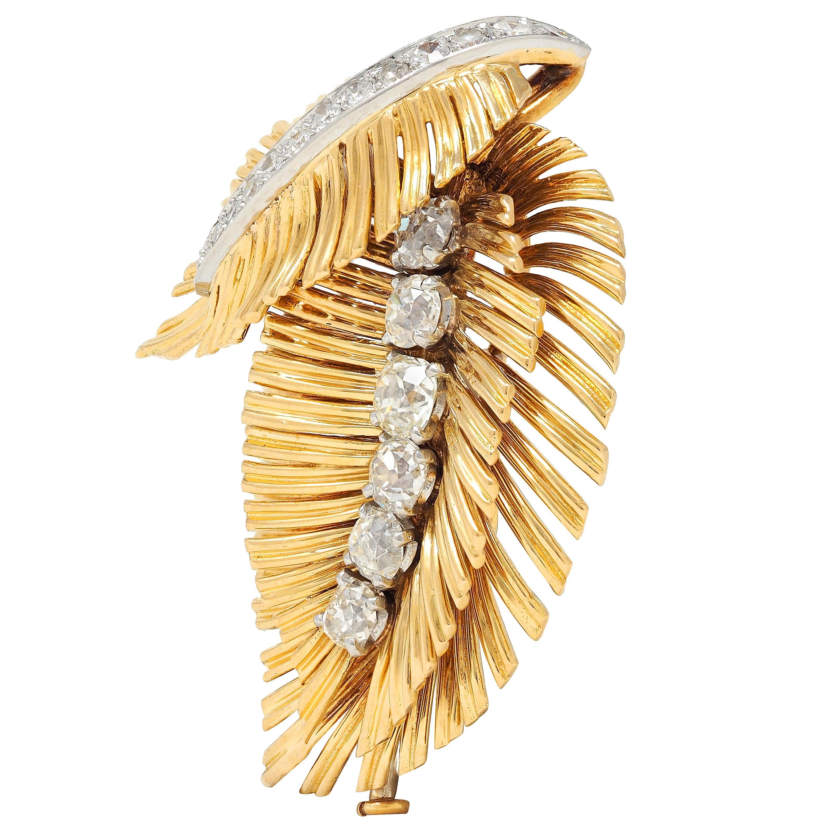 Van Cleef & Arpels French 1950's Diamond Platinum 18K Gold Vintage Leaf Brooch