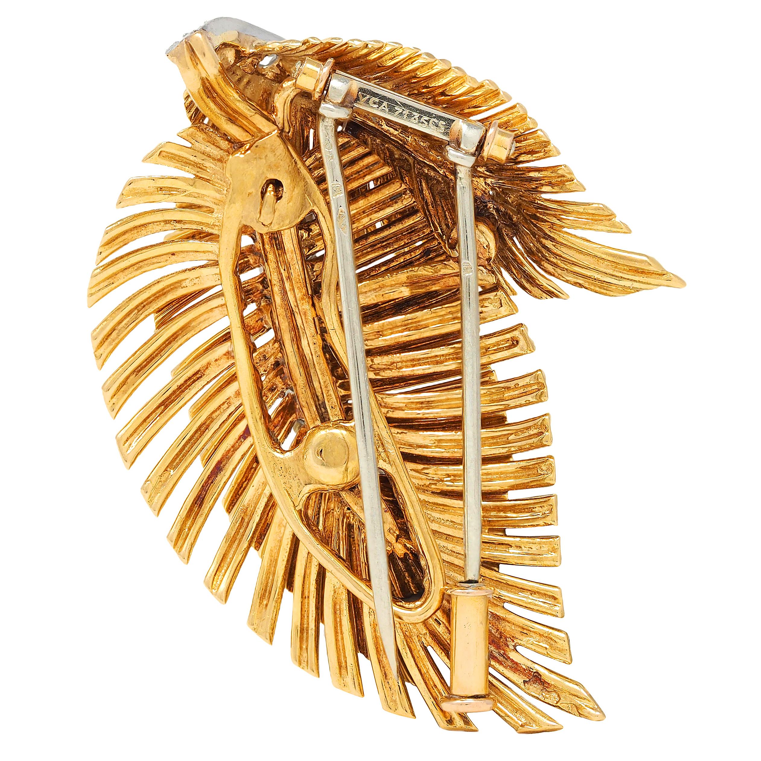 Van Cleef & Arpels French 1950's Diamond Platinum 18K Gold Vintage Leaf Brooch