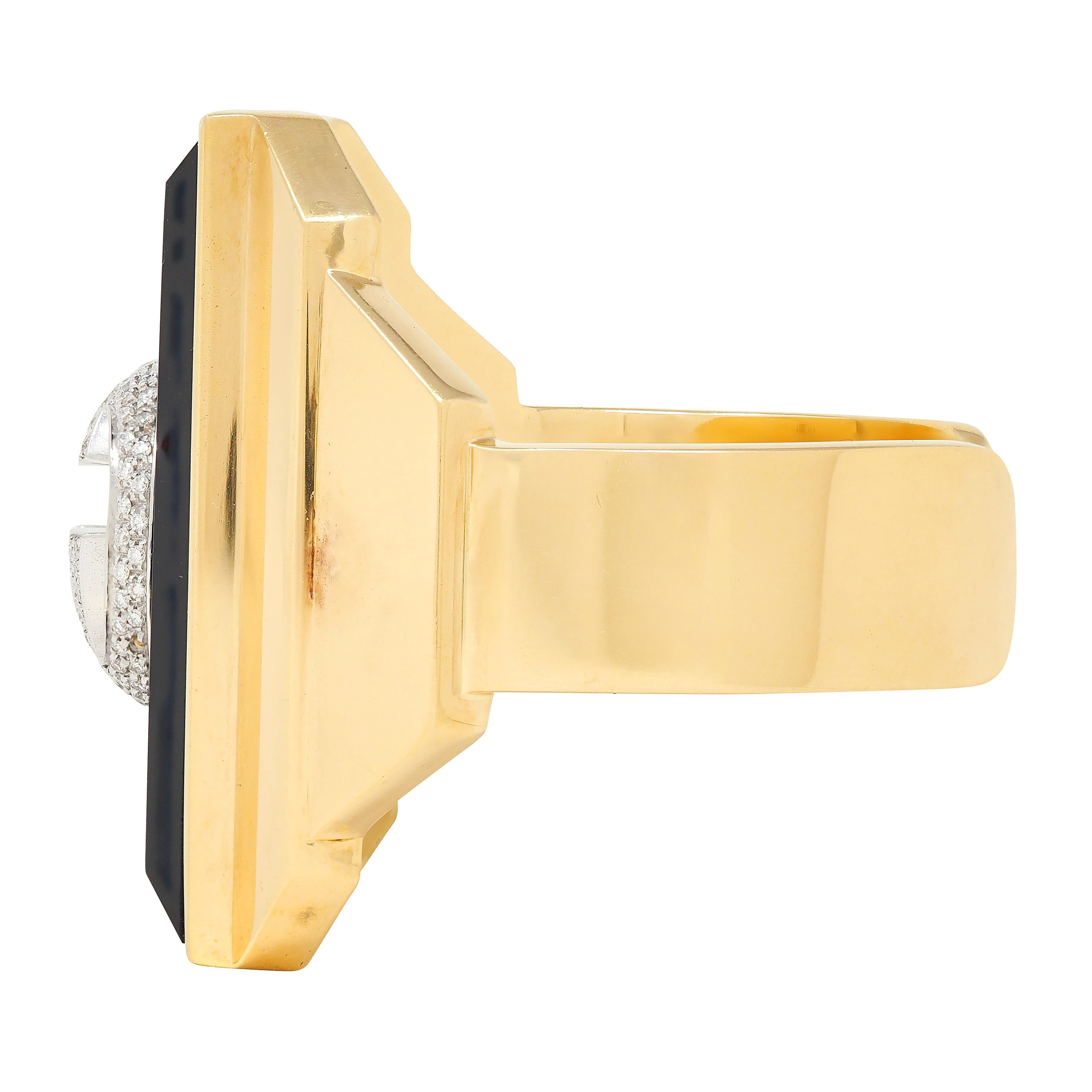 Gucci 2000's Diamond Onyx 18 Karat Two-Tone Yellow Vintage Gold Cuff Bracelet