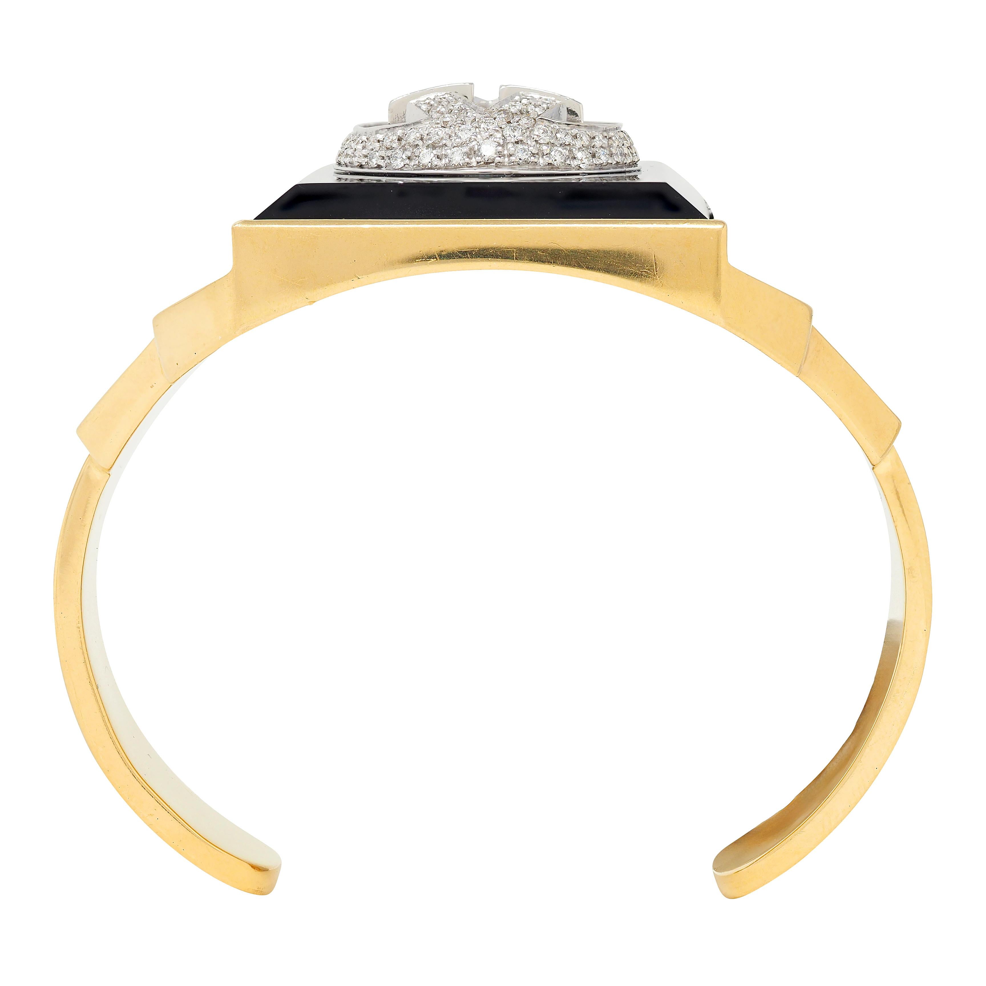 Gucci 2000's Diamond Onyx 18 Karat Two-Tone Yellow Vintage Gold Cuff Bracelet