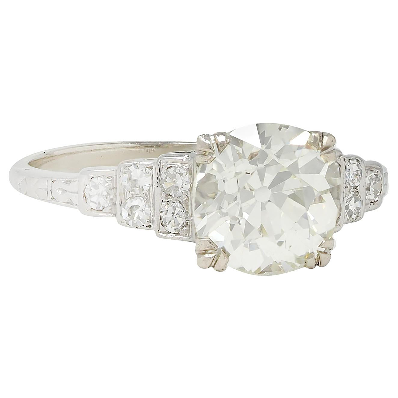 Art Deco 2.49 CTW Old Mine Cut Diamond Platinum Vintage Stepped Engagement Ring