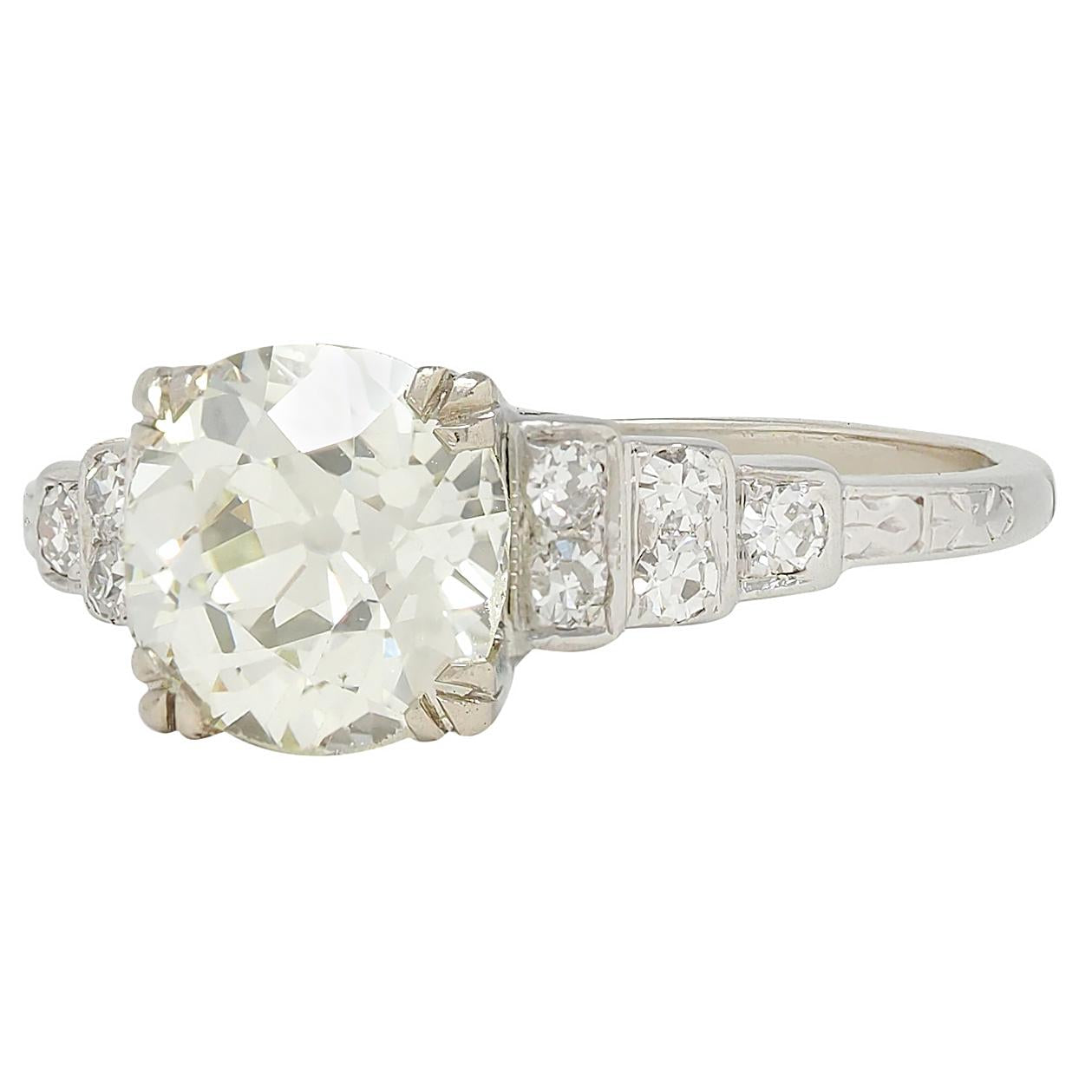 Art Deco 2.49 CTW Old Mine Cut Diamond Platinum Vintage Stepped Engagement Ring