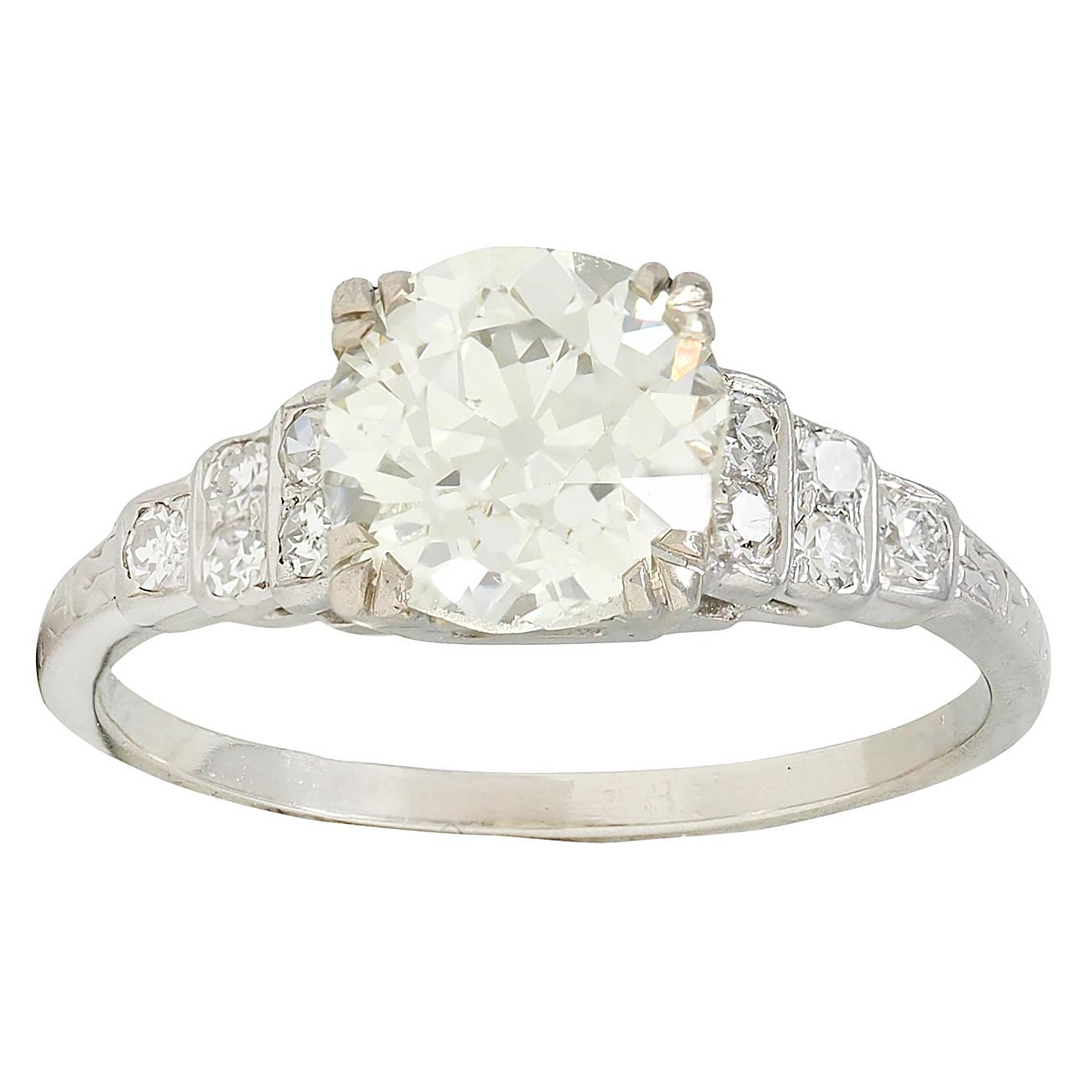 Art Deco 2.49 CTW Old Mine Cut Diamond Platinum Vintage Stepped Engagement Ring