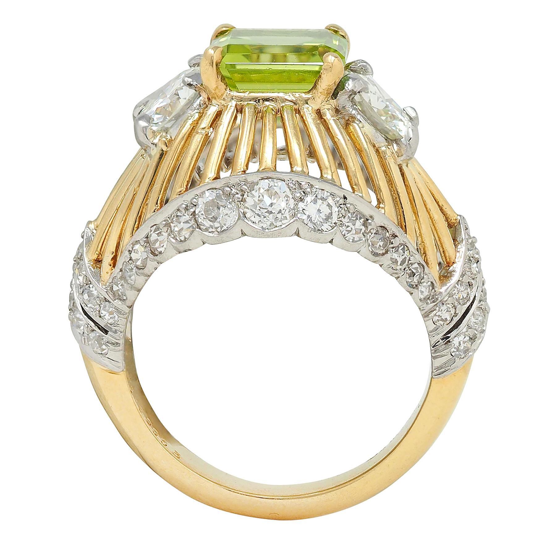 Cartier Retro 5.30 CTW Peridot Diamond Platinum 18K Gold Vintage Domed Ring