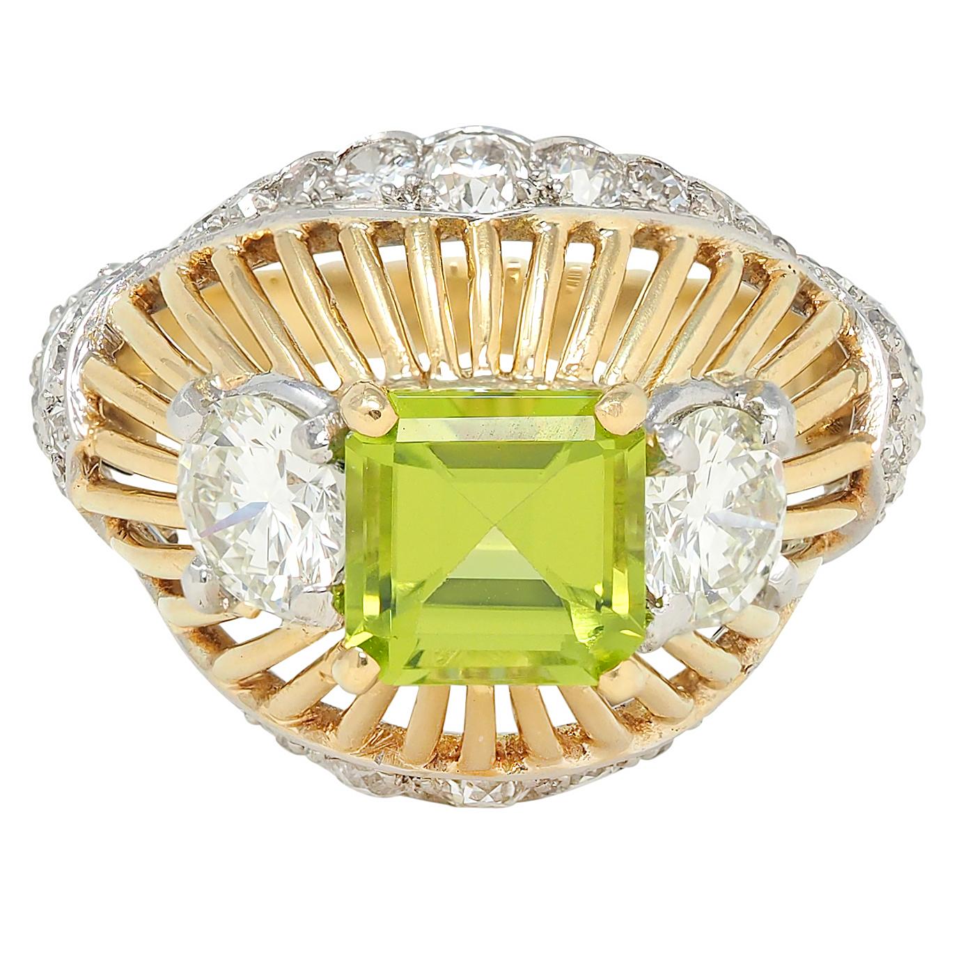 Cartier Retro 5.30 CTW Peridot Diamond Platinum 18K Gold Vintage Domed Ring