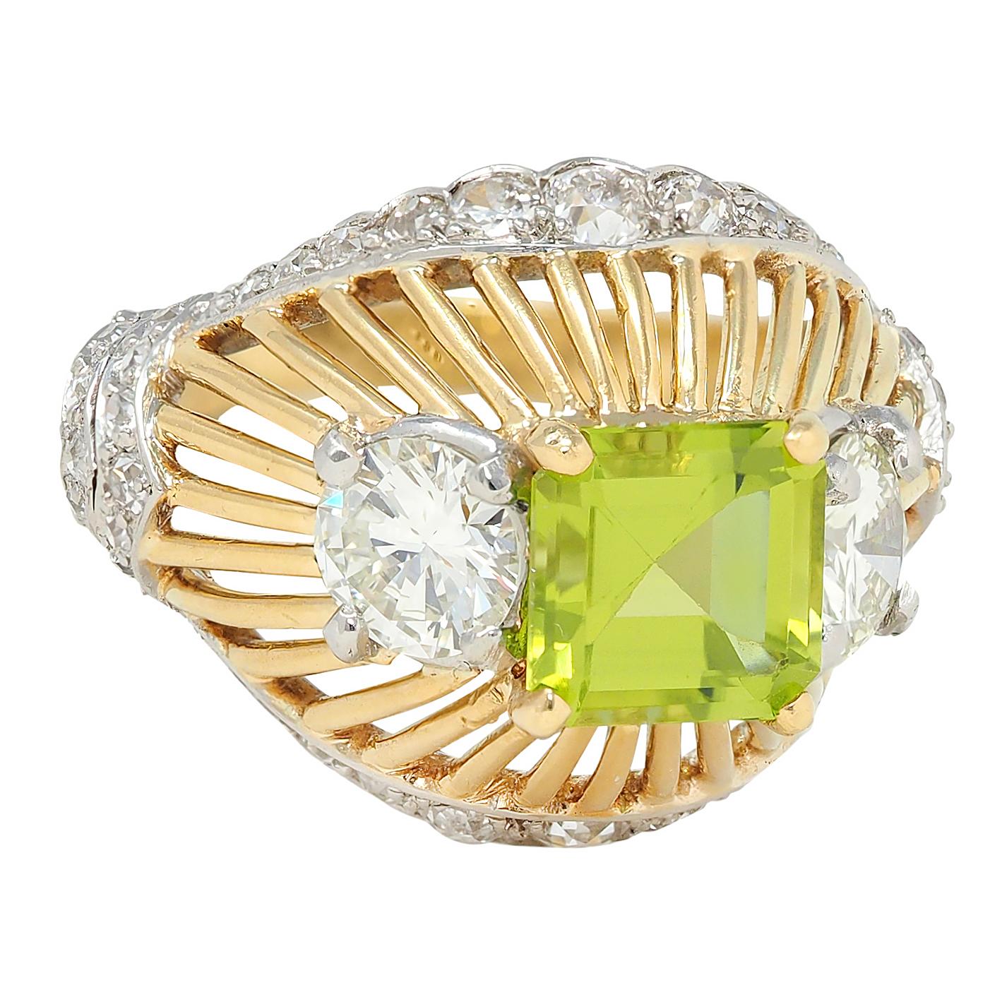Cartier Retro 5.30 CTW Peridot Diamond Platinum 18K Gold Vintage Domed Ring