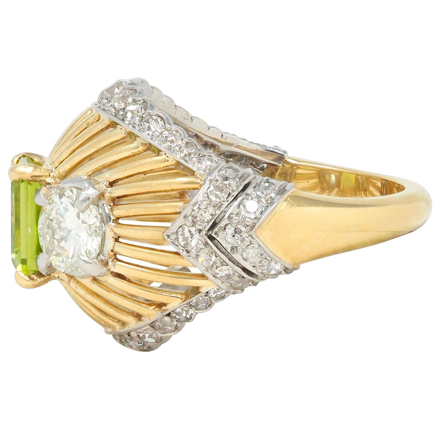 Cartier Retro 5.30 CTW Peridot Diamond Platinum 18K Gold Vintage Domed Ring