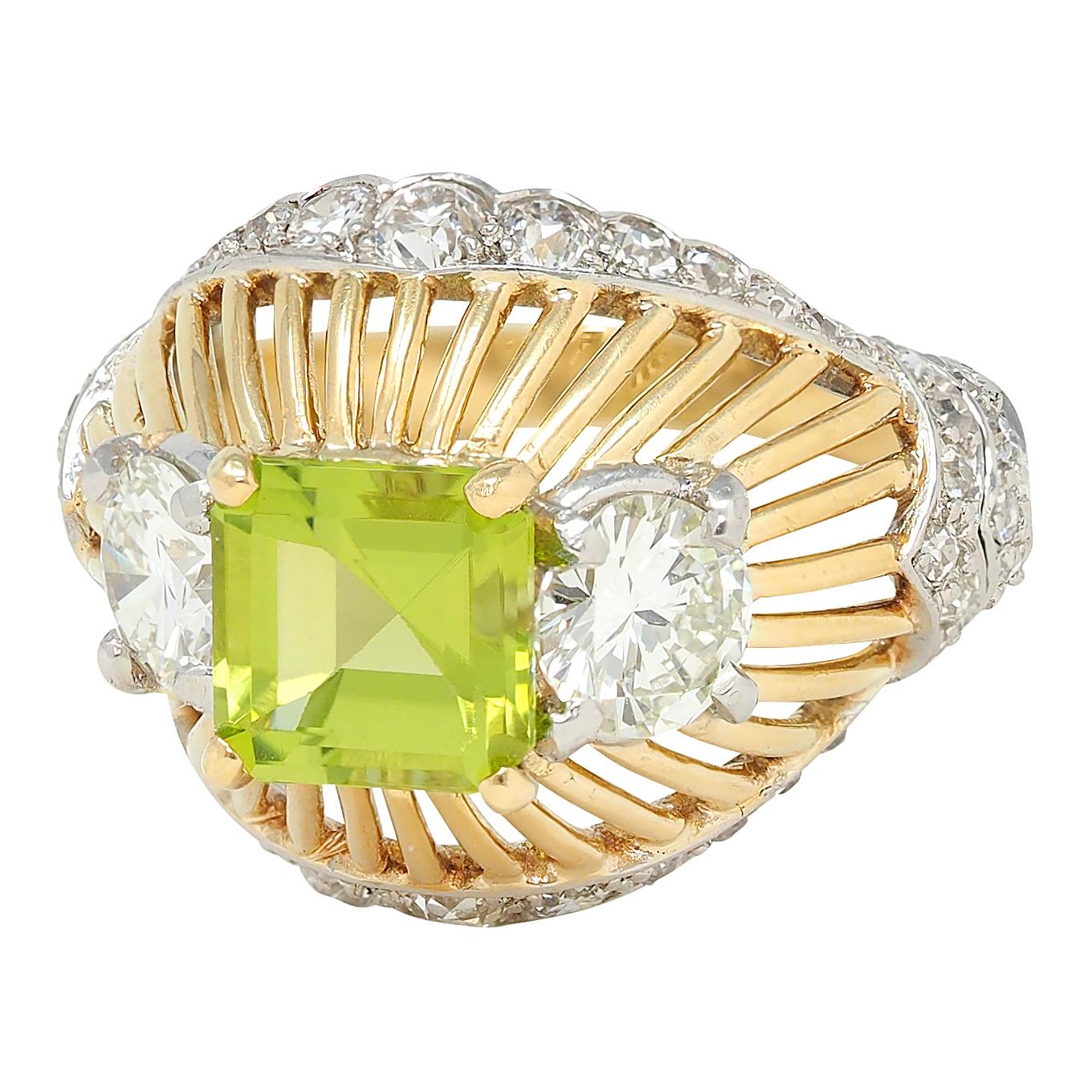 Cartier Retro 5.30 CTW Peridot Diamond Platinum 18K Gold Vintage Domed Ring