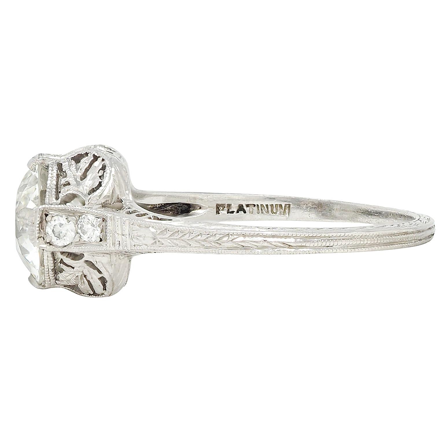 Edwardian 1.59 CTW Diamond Platinum Antique Foliate Engagement Ring