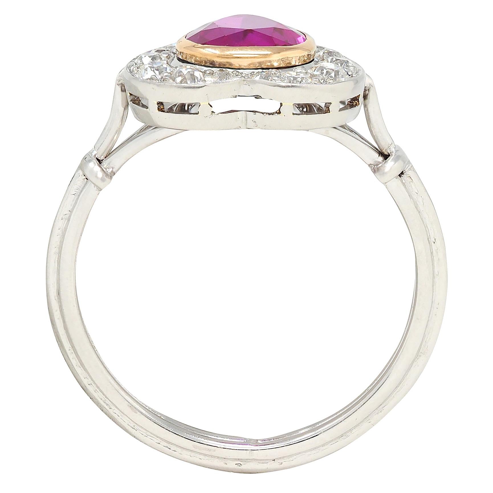 Edwardian 2.50 CTW No Heat Burma Ruby Diamond 14K Gold Heart Antique Halo Ring