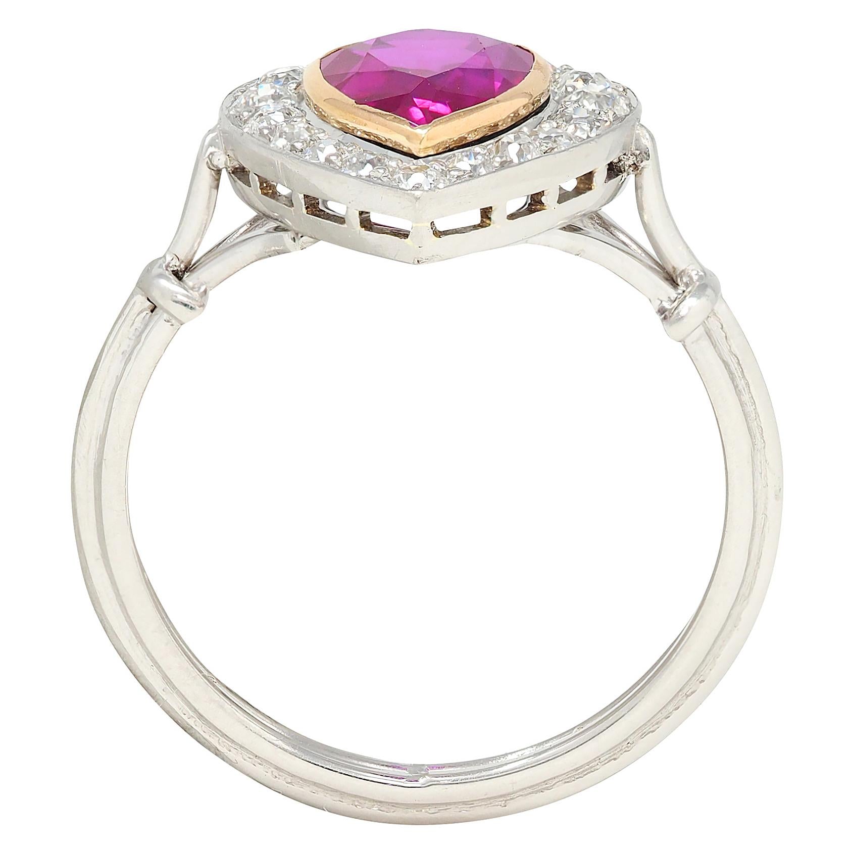 Edwardian 2.50 CTW No Heat Burma Ruby Diamond 14K Gold Heart Antique Halo Ring