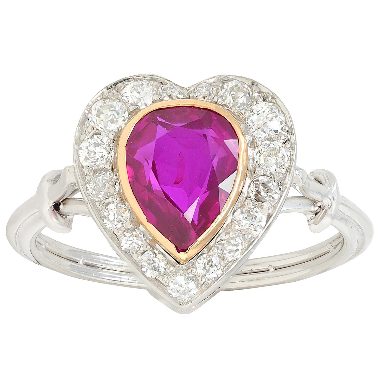 Edwardian 2.50 CTW No Heat Burma Ruby Diamond 14K Gold Heart Antique Halo Ring